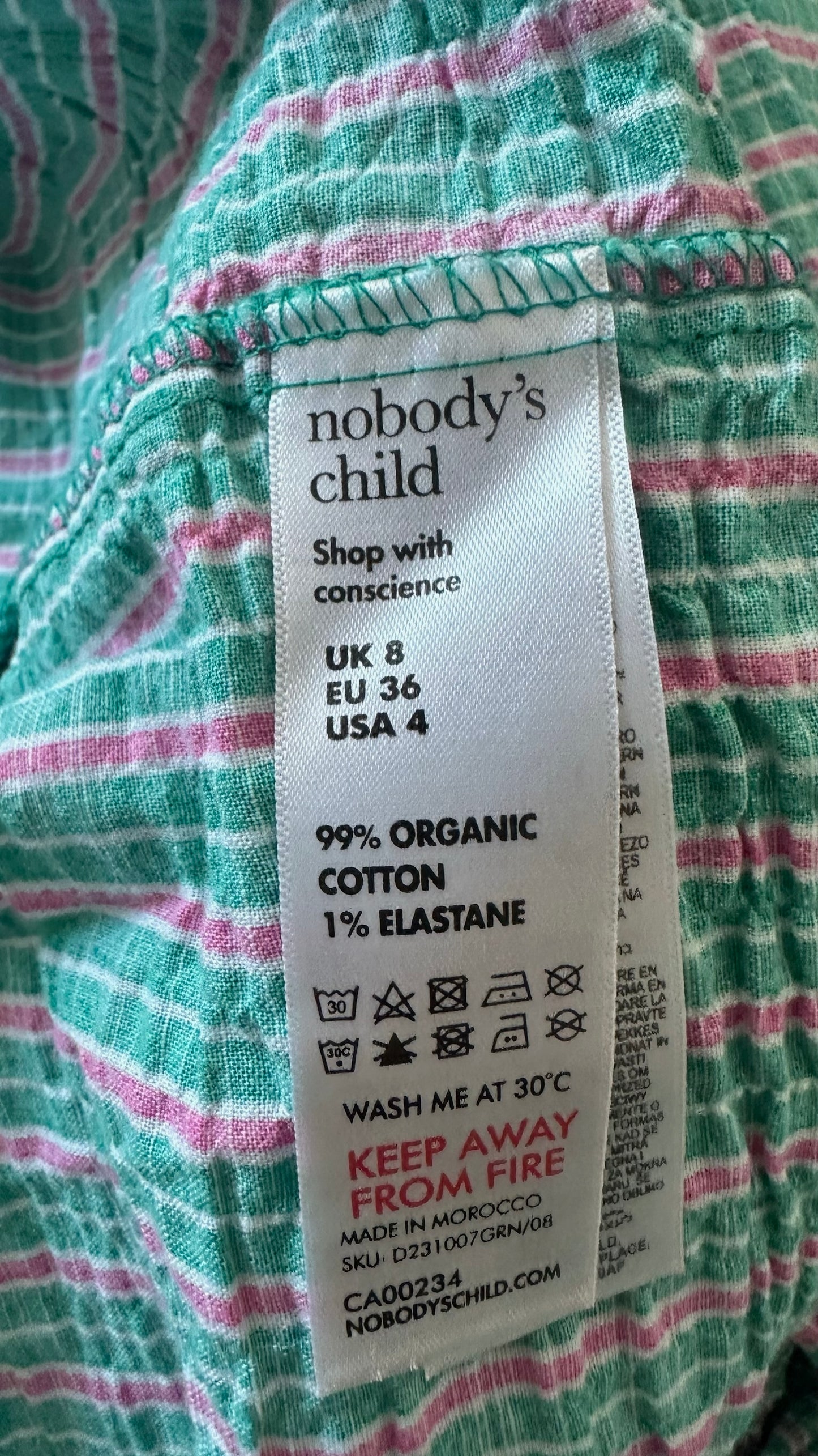 Nobody’s child green pink stripe shirred bust midi dress small S UK 8 vgc