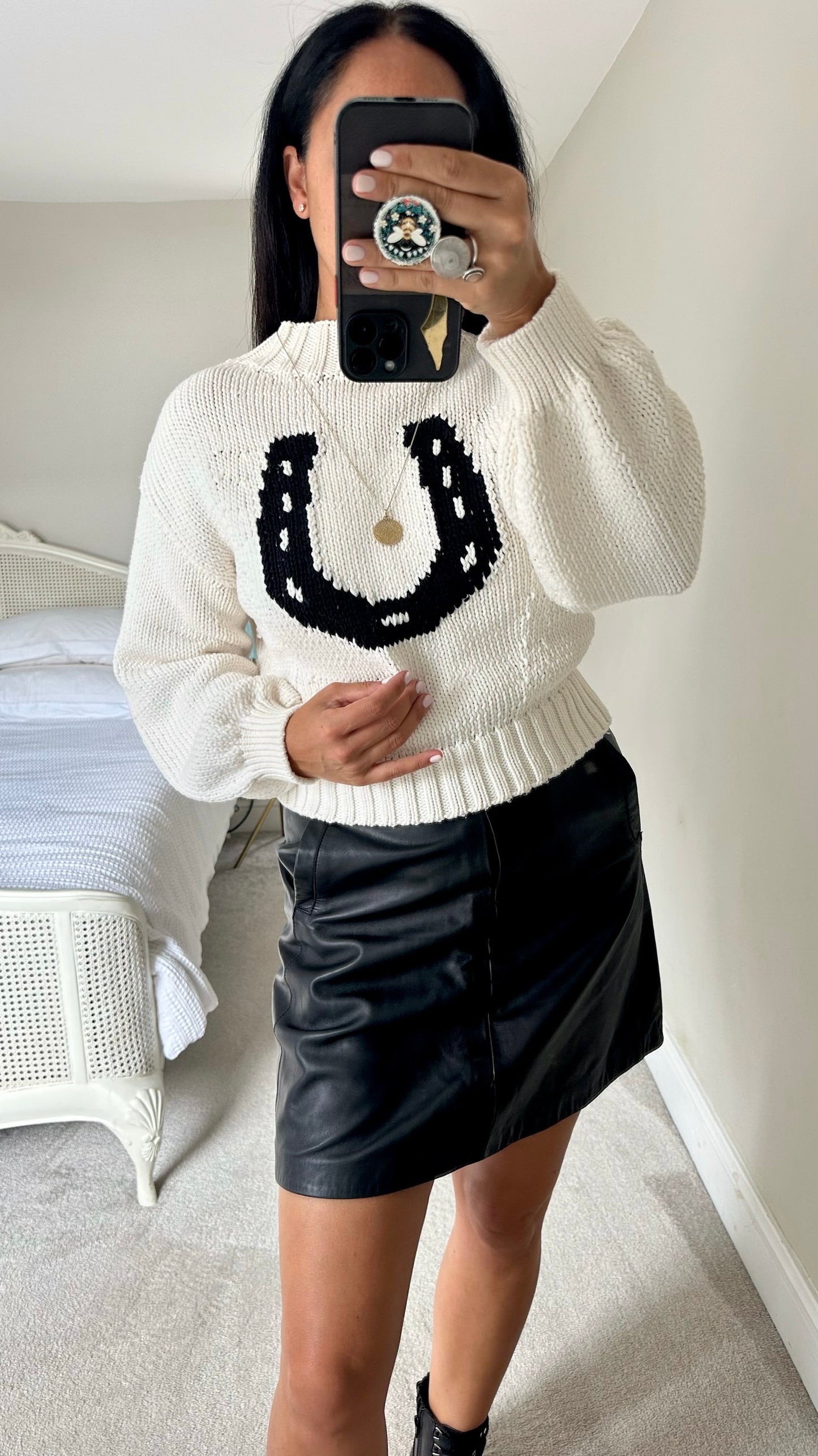 Anthropologie white black lucky horseshoe knitted jumper small medium SM UK 8-10 excellent used condition