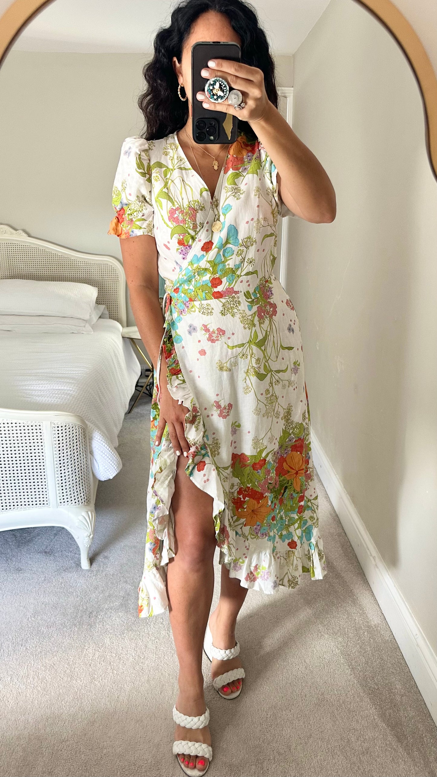 & other stories white green orange red linen wrap midi dress large event UK 12-14 vgc