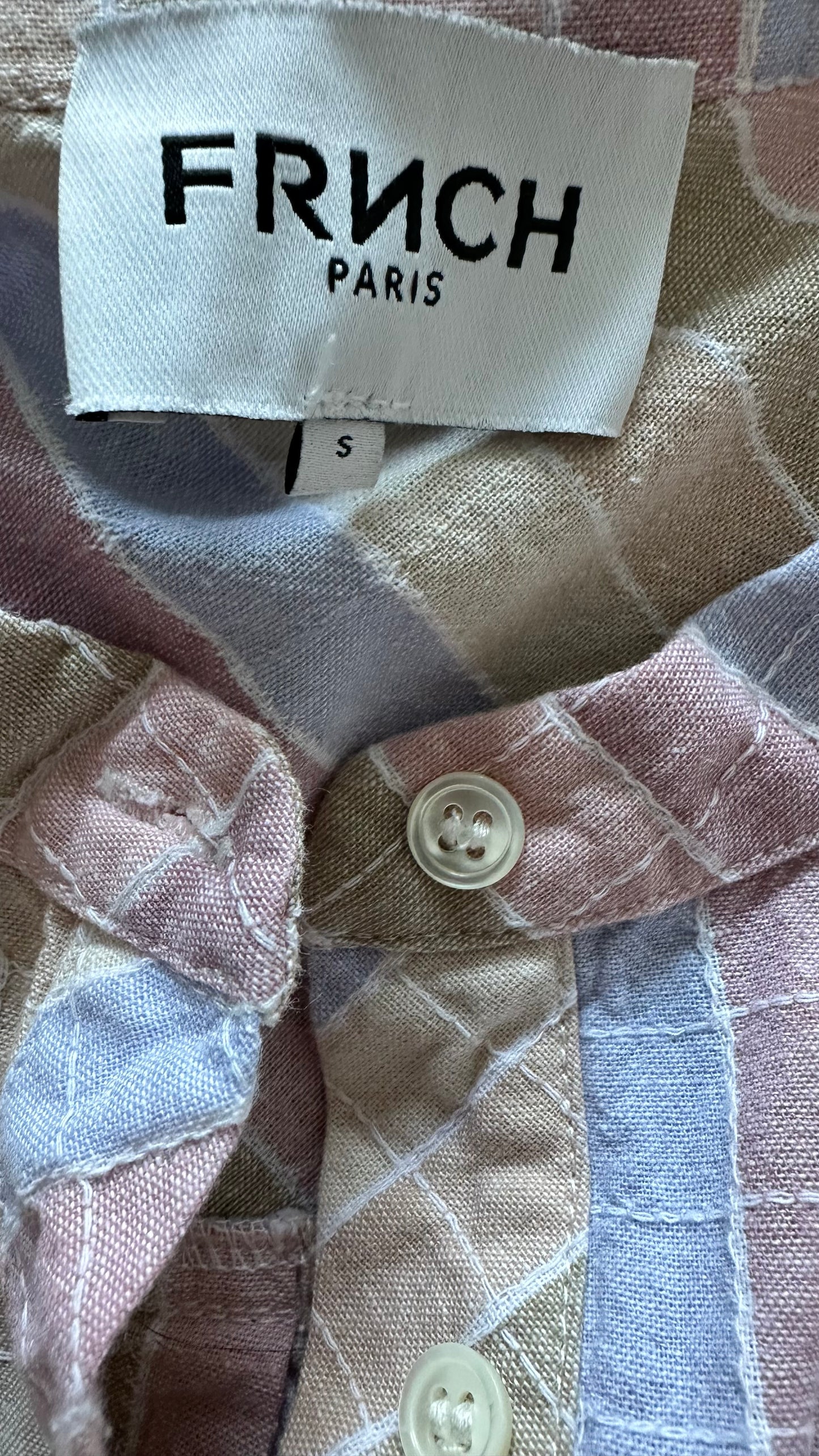 FRNCH pink blue gingham check cotton mini button up sun dress small UK 8-10 vgc