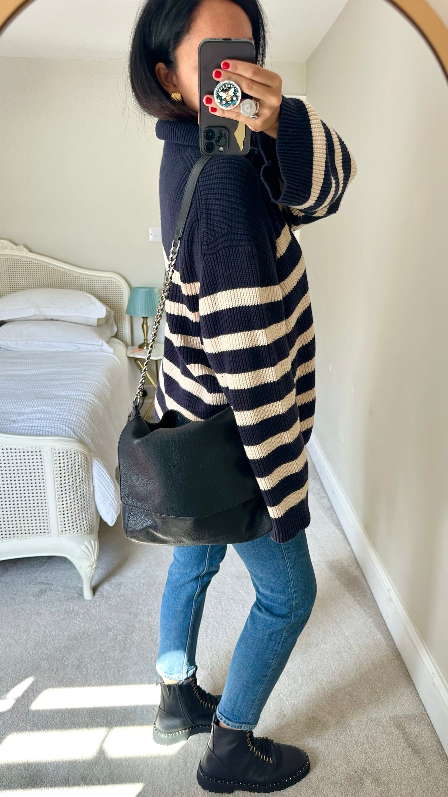 & other stories navy blue beige stripe knitted jumper large UK 12 vgc w25