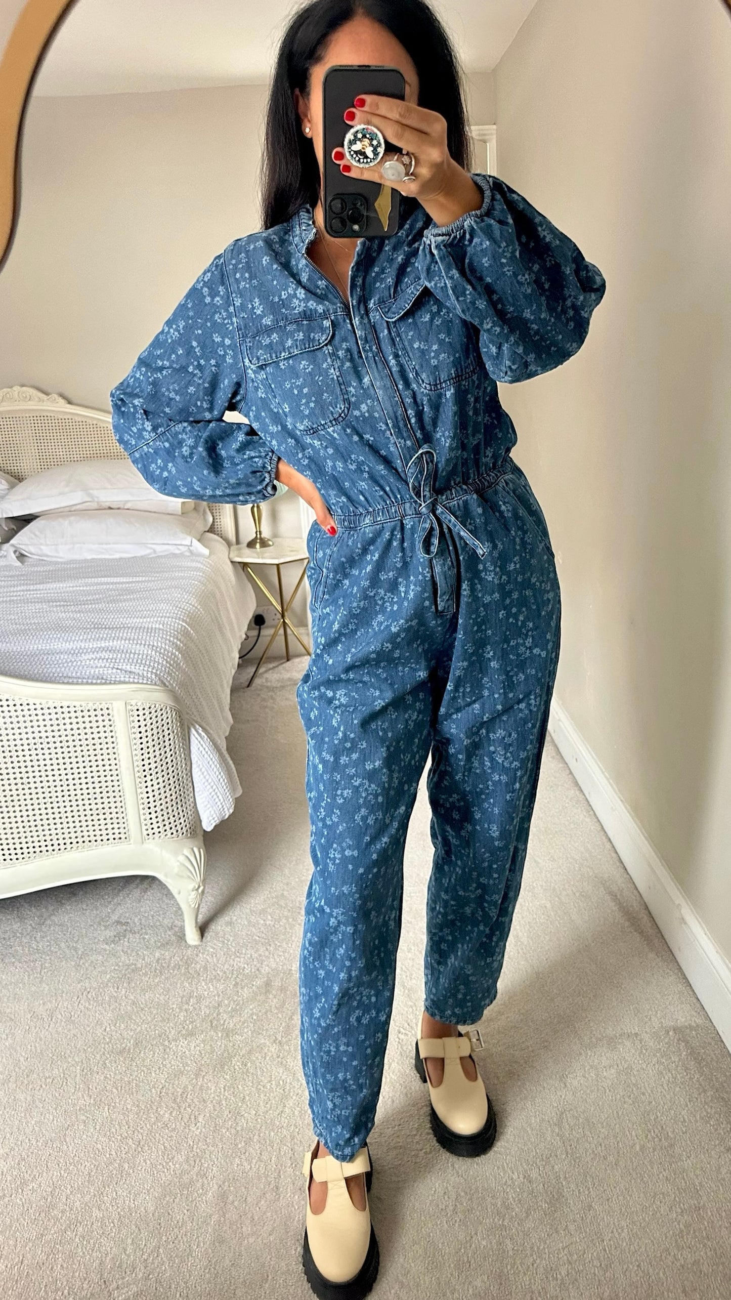 & other stories blue denim floral jumpsuit boiler suit playsuit extra large UK 14 vgc w25