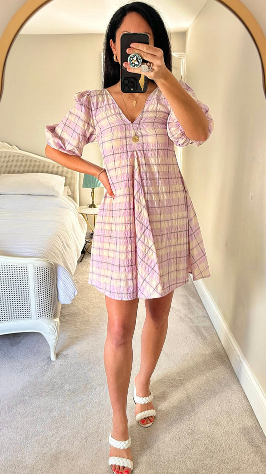 Ganni lilac cream gingham baby doll mini dress holiday medium M UK 10 vgc