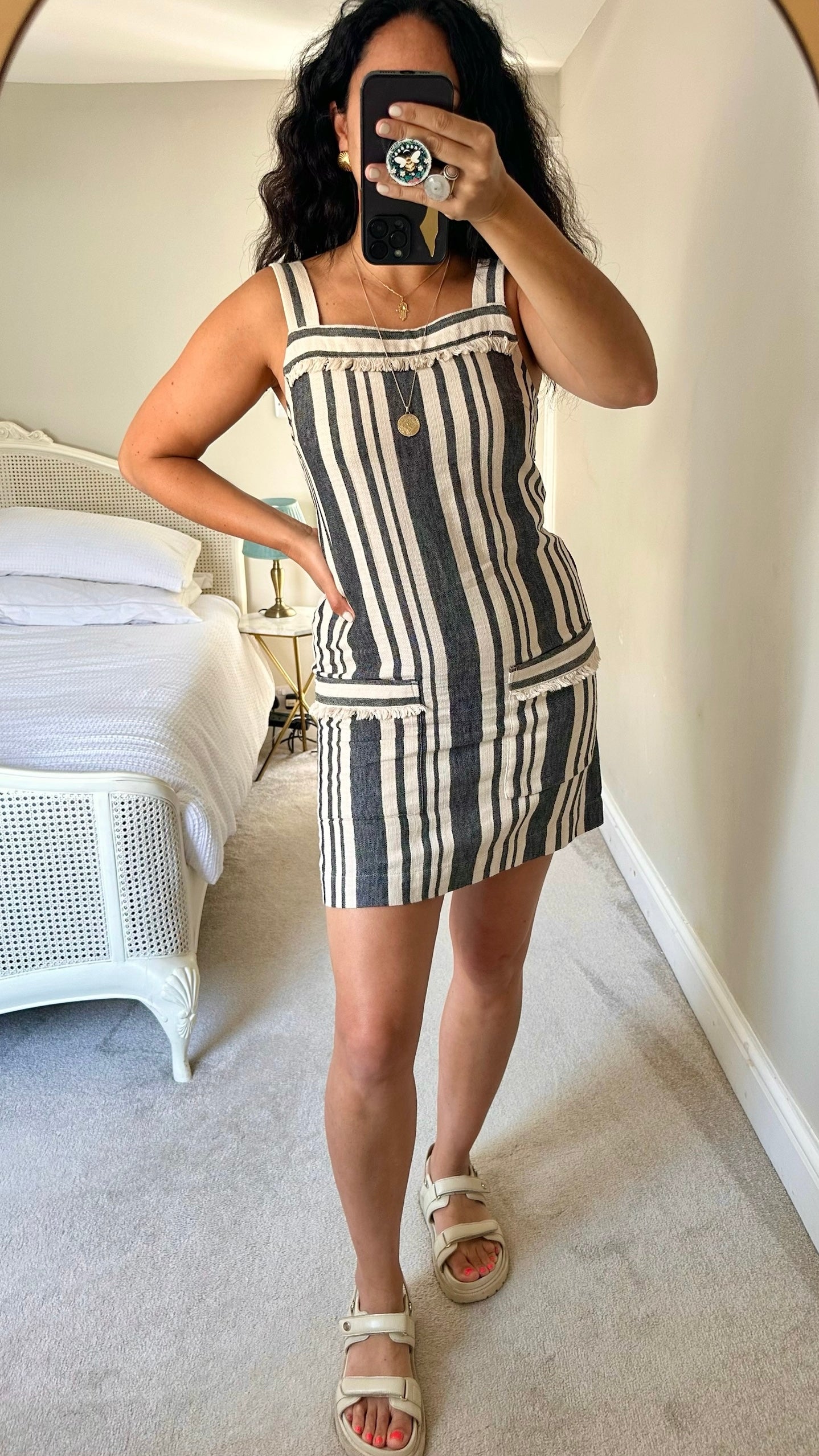 Whistles cream beige grey stripe linen blend mini holiday dress medium M UK 10 vgc