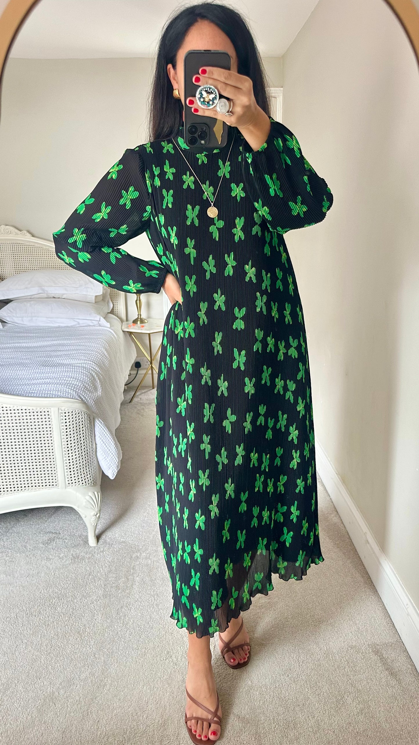 YAS black green floral clover plissé maxi midi long event dress pregnancy UK 12 vgc w25
