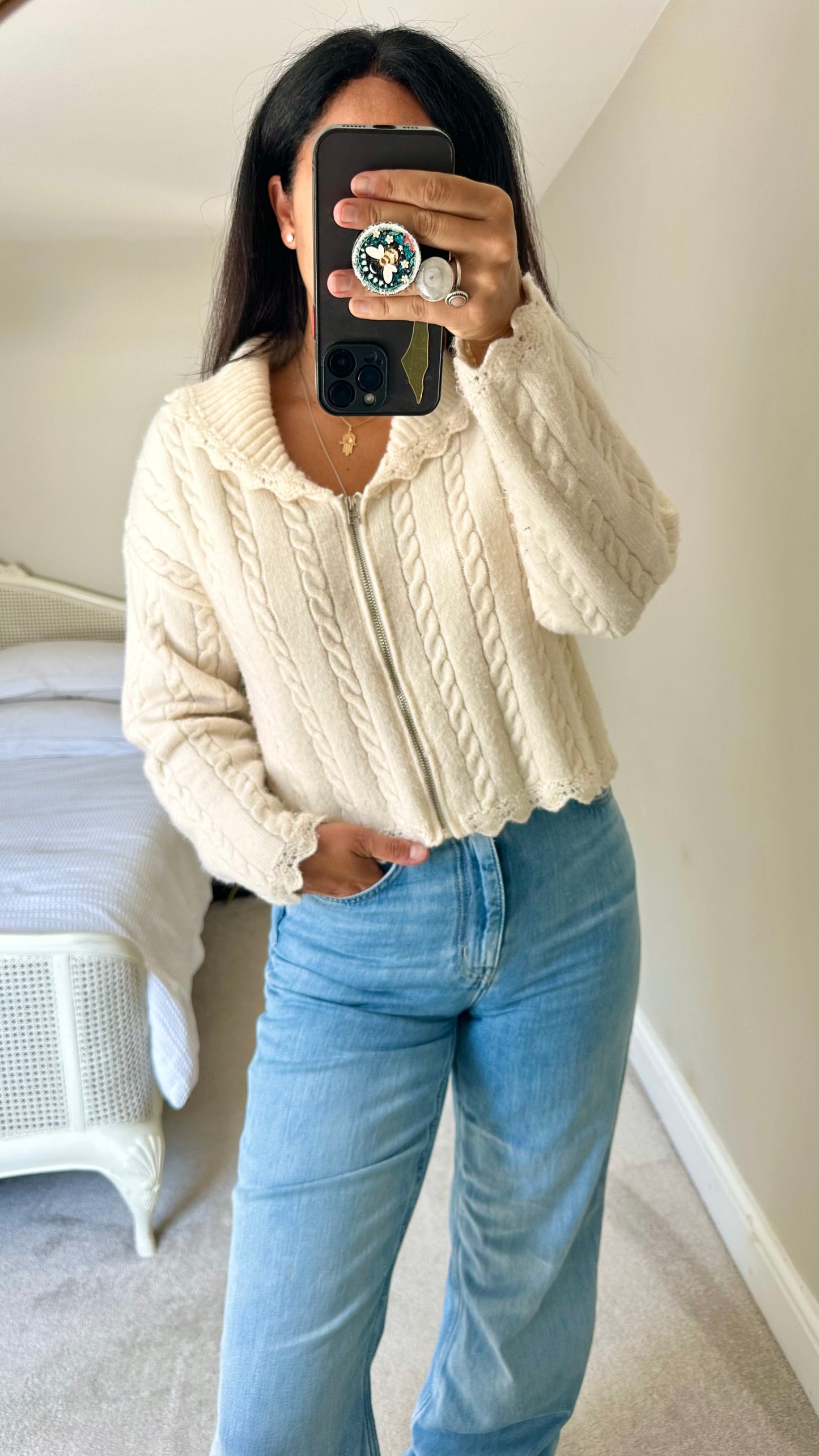 Olive white cream cable knit collared cardigan jumper large UK 12 vgc w25