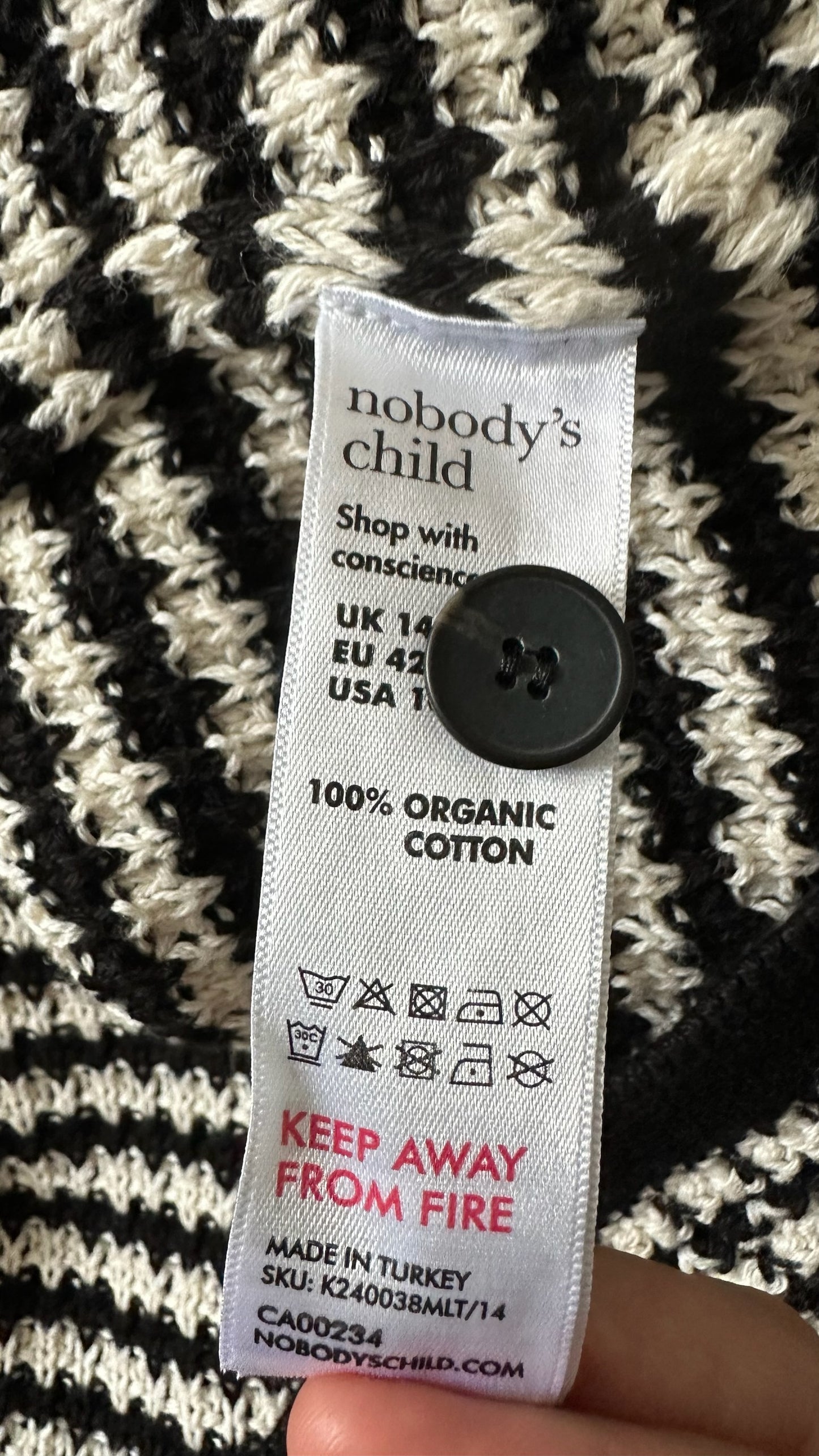 Nobody's child black white crochet knitted cardigan medium extra large UK 10 14 vgc w25