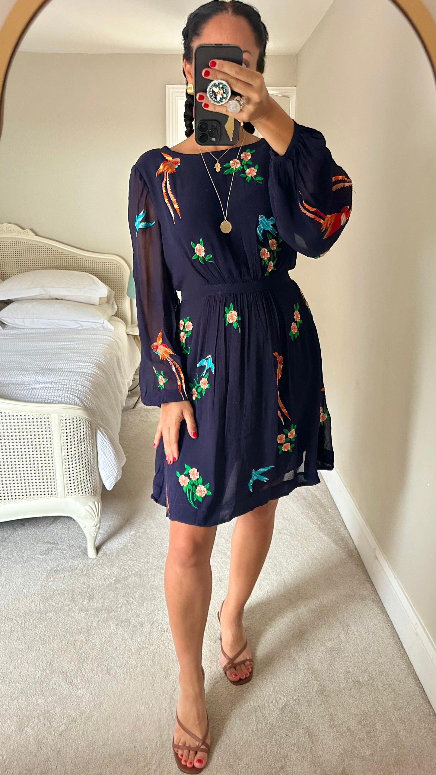Whistles navy blue bird print embroidered event dress extra large UK 12-14 vgc w25