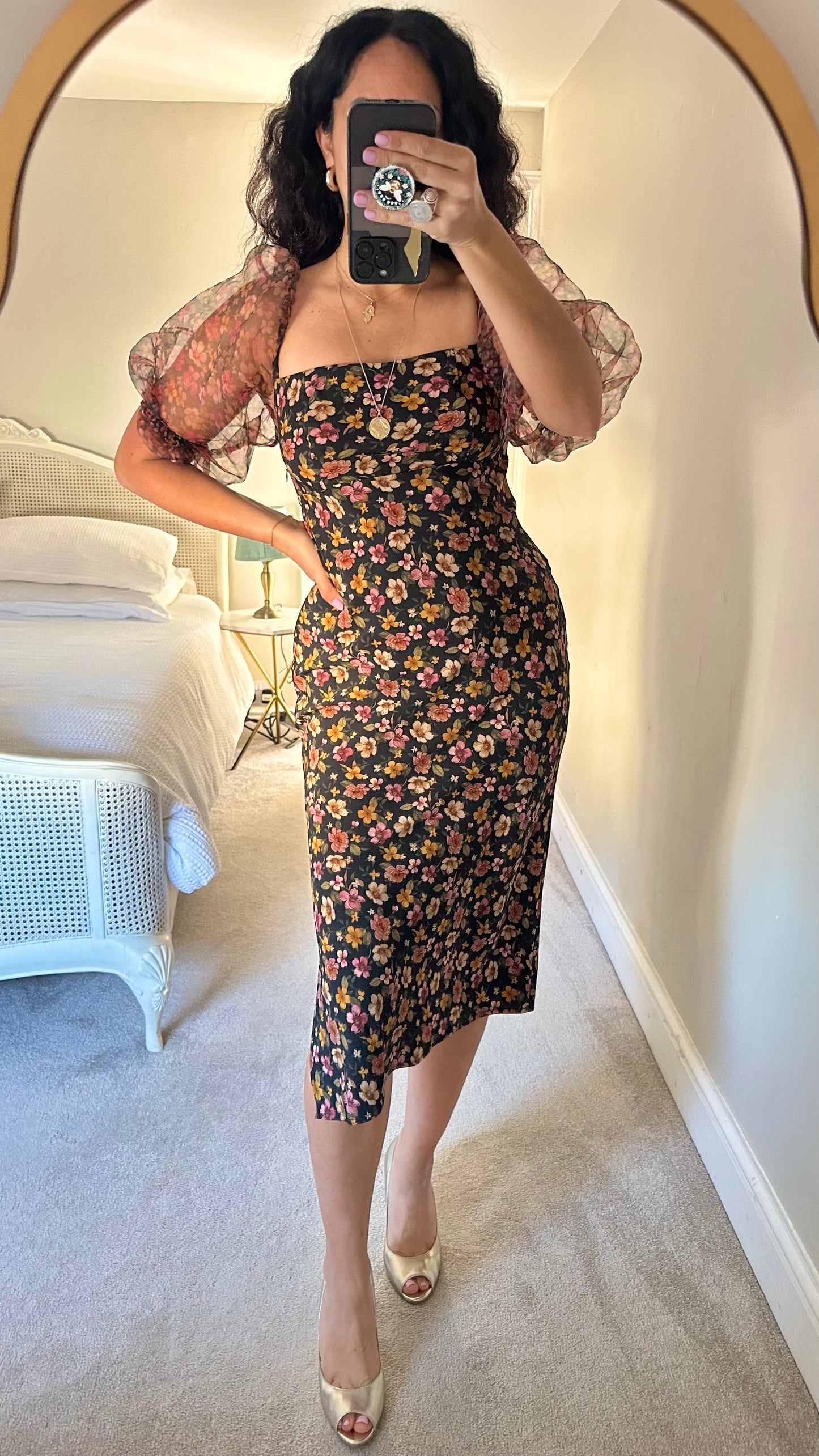Topshop black puff sleeve event floral dress small UK 8 10 vgc