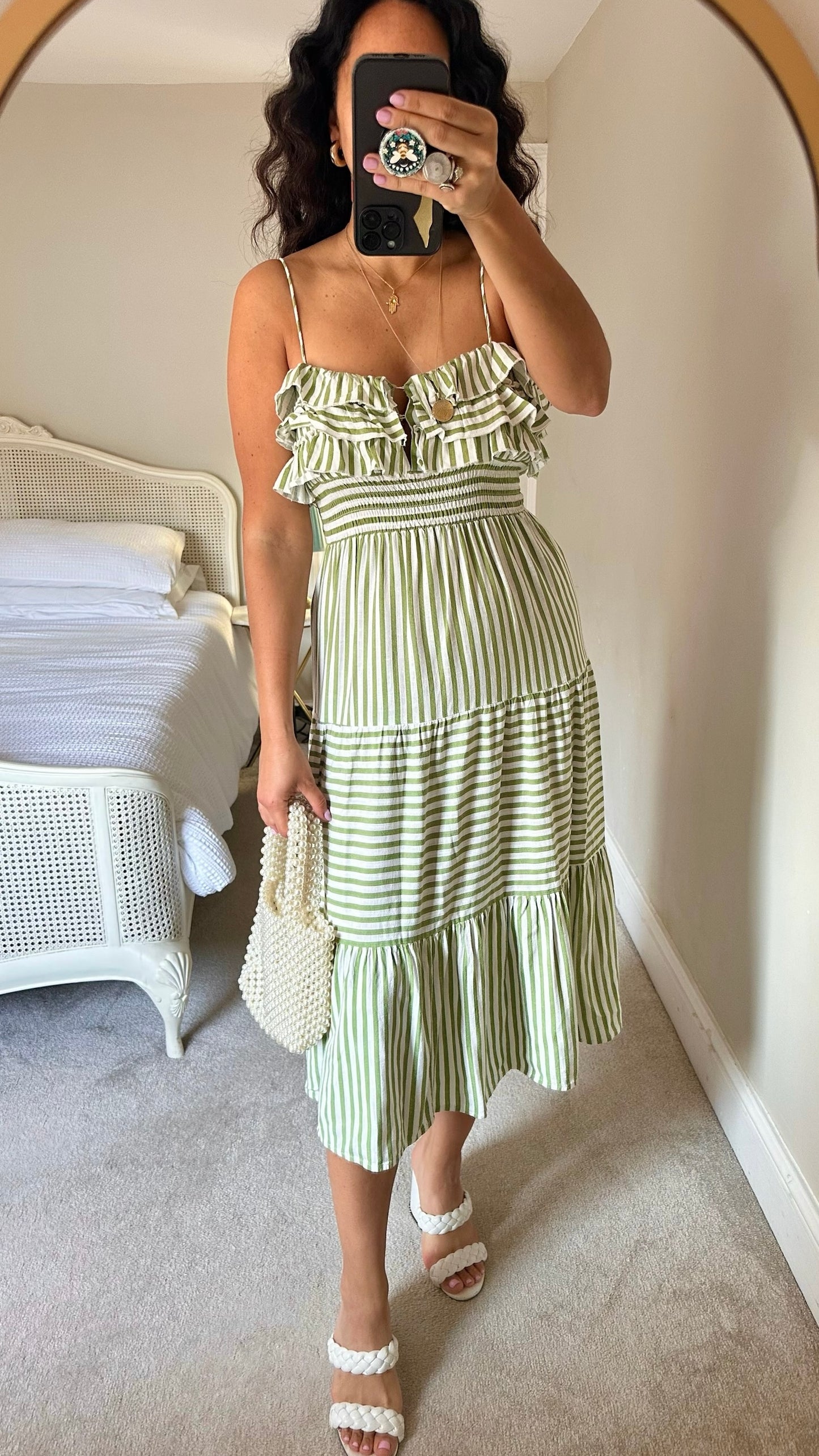 Zara green white stripe frill bust midi sundress holiday Medium large ML UK 10-12 perfect used condition