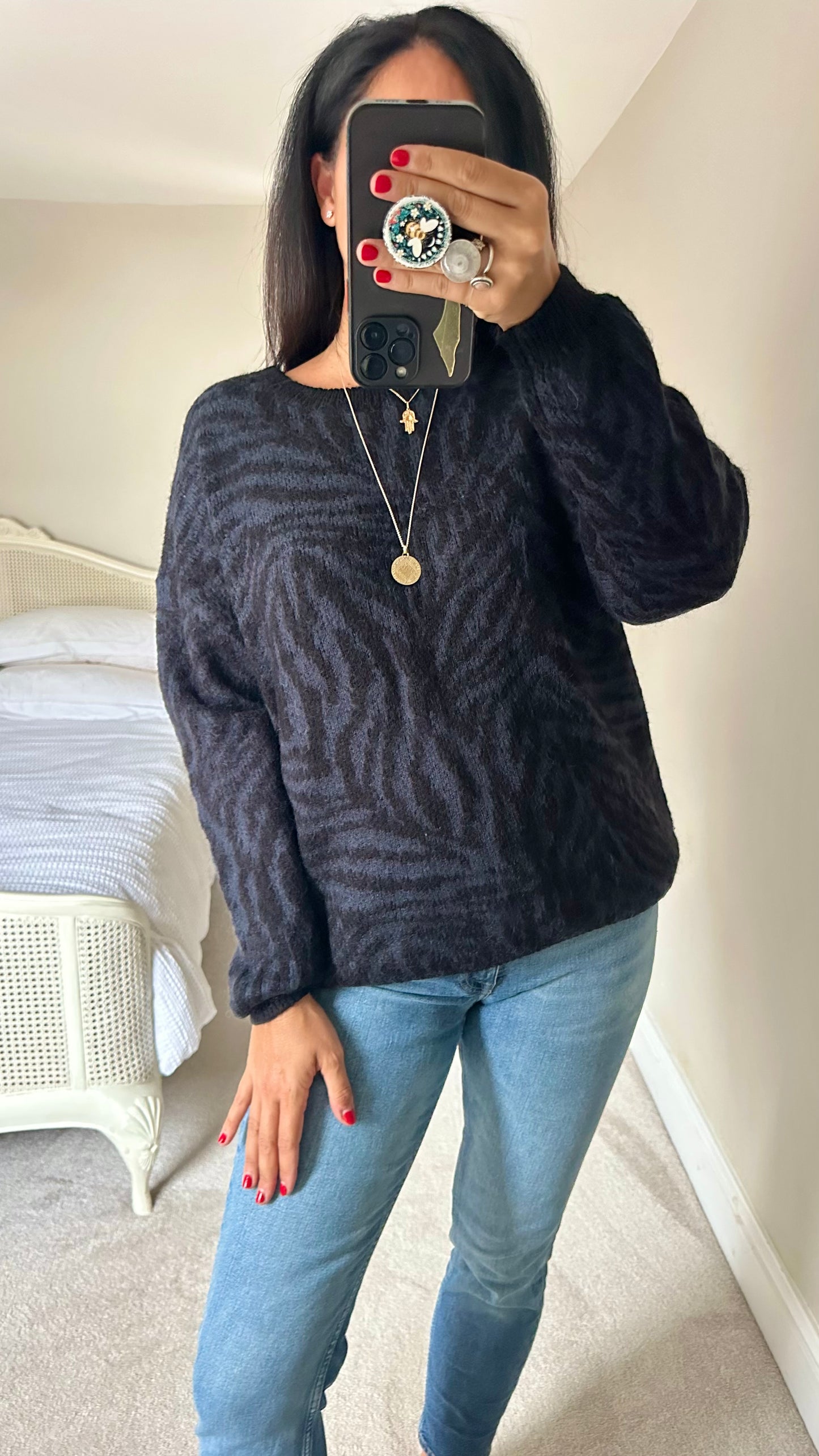 YAYA black blue animal print knitted mohair wool blend jumper medium UK 12 vgc w25
