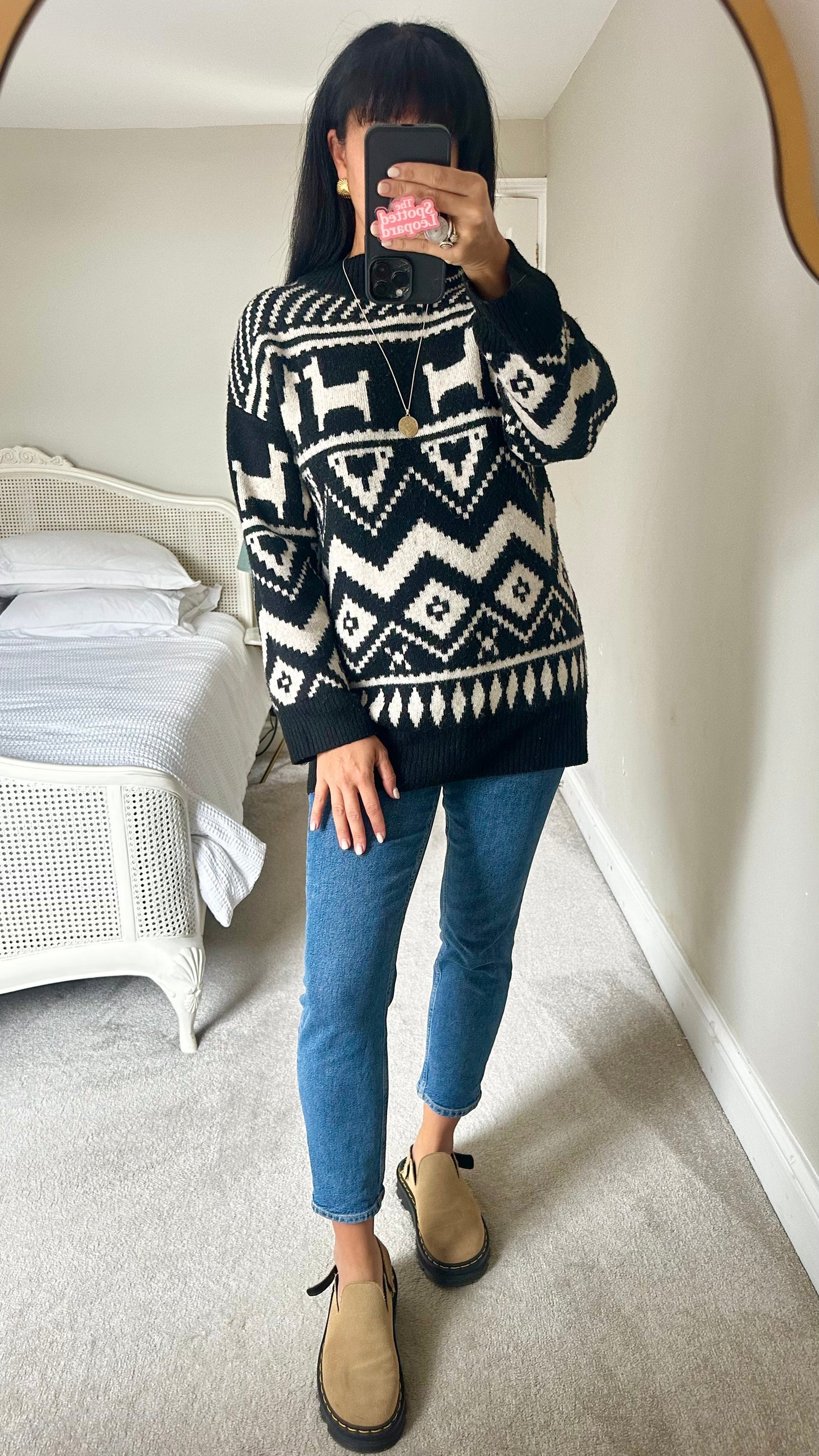 H&M black white alpaca print knitted oversized jumper small UK 8 10