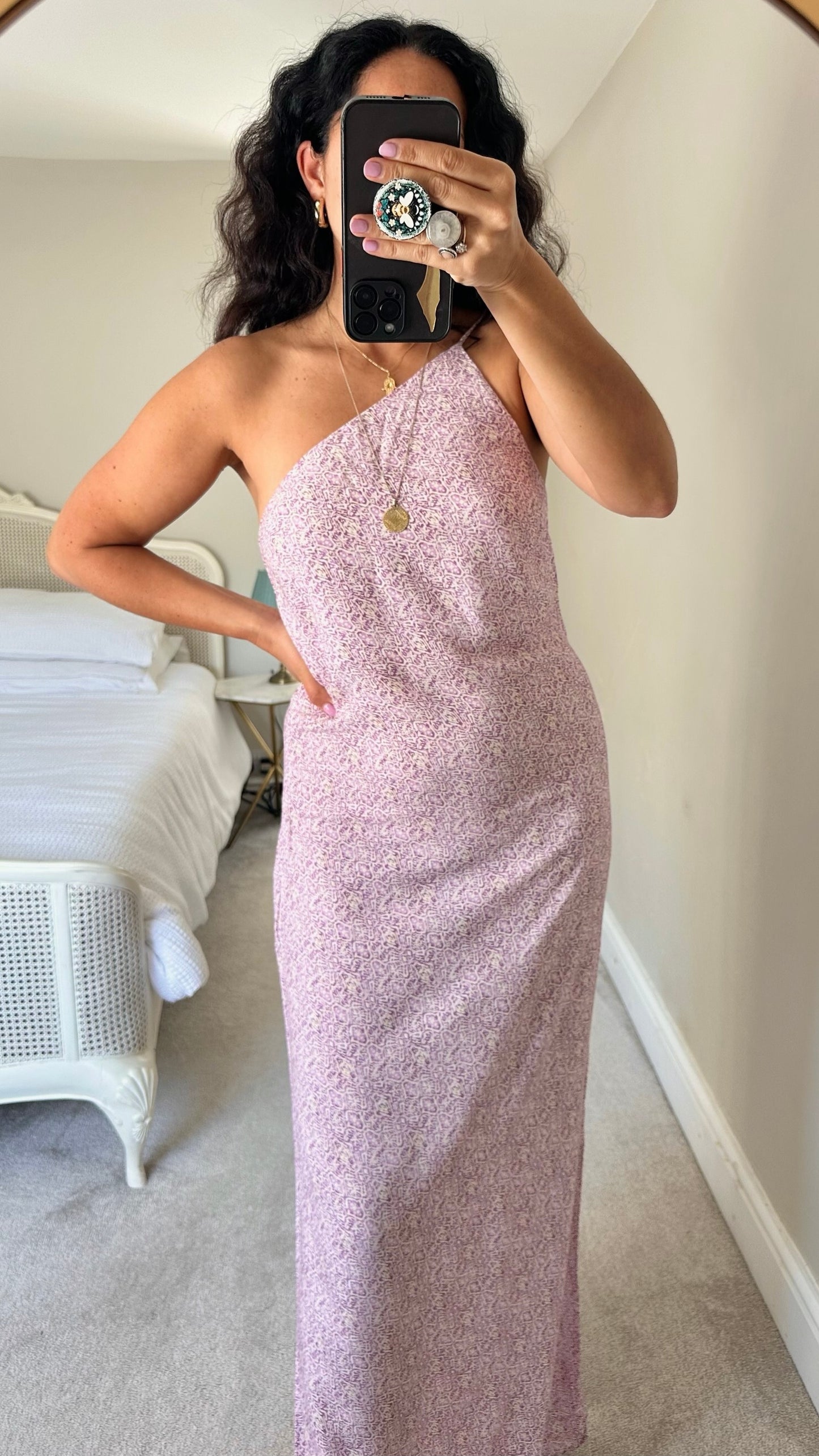 Mango one-shoulder lilac and cream holiday dress extra large UK 12-14 vgc