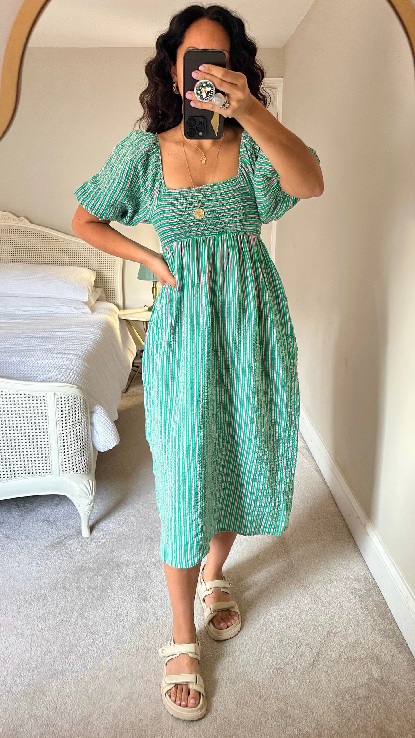 Nobody’s child green pink stripe shirred bust midi dress small S UK 8 vgc
