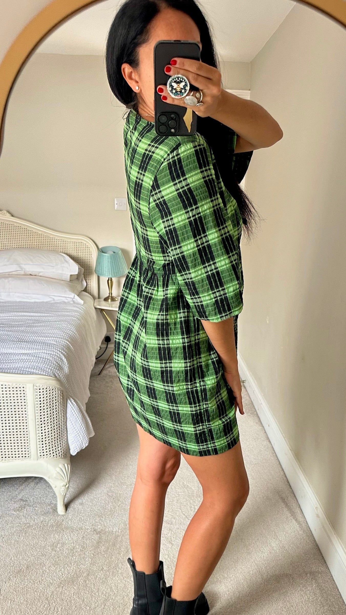 Ganni green black check bow tie front mini dress small UK 8 vgc w25