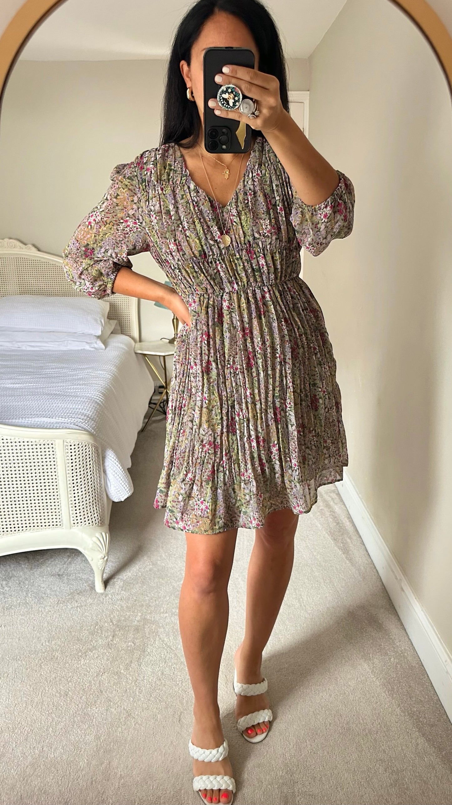 Mango khaki olive lilac green mini smock dress medium UK 10 vgc