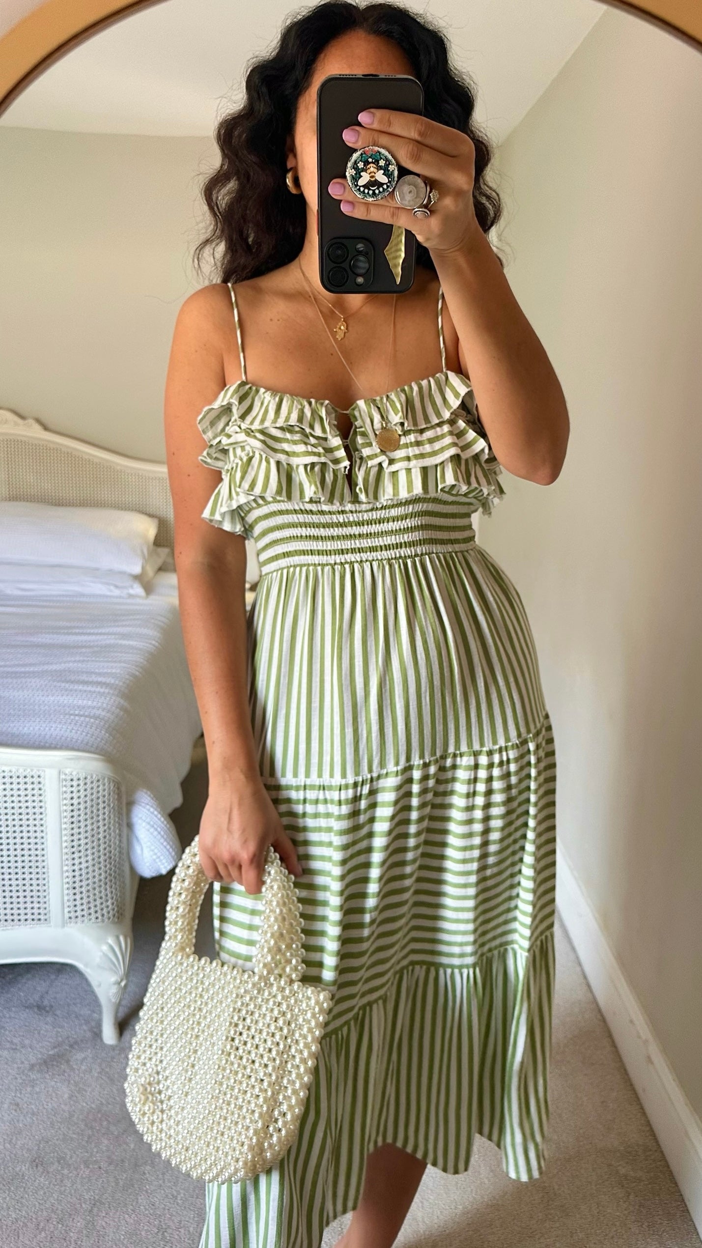 Zara green white stripe frill bust midi sundress holiday Medium large ML UK 10-12 perfect used condition