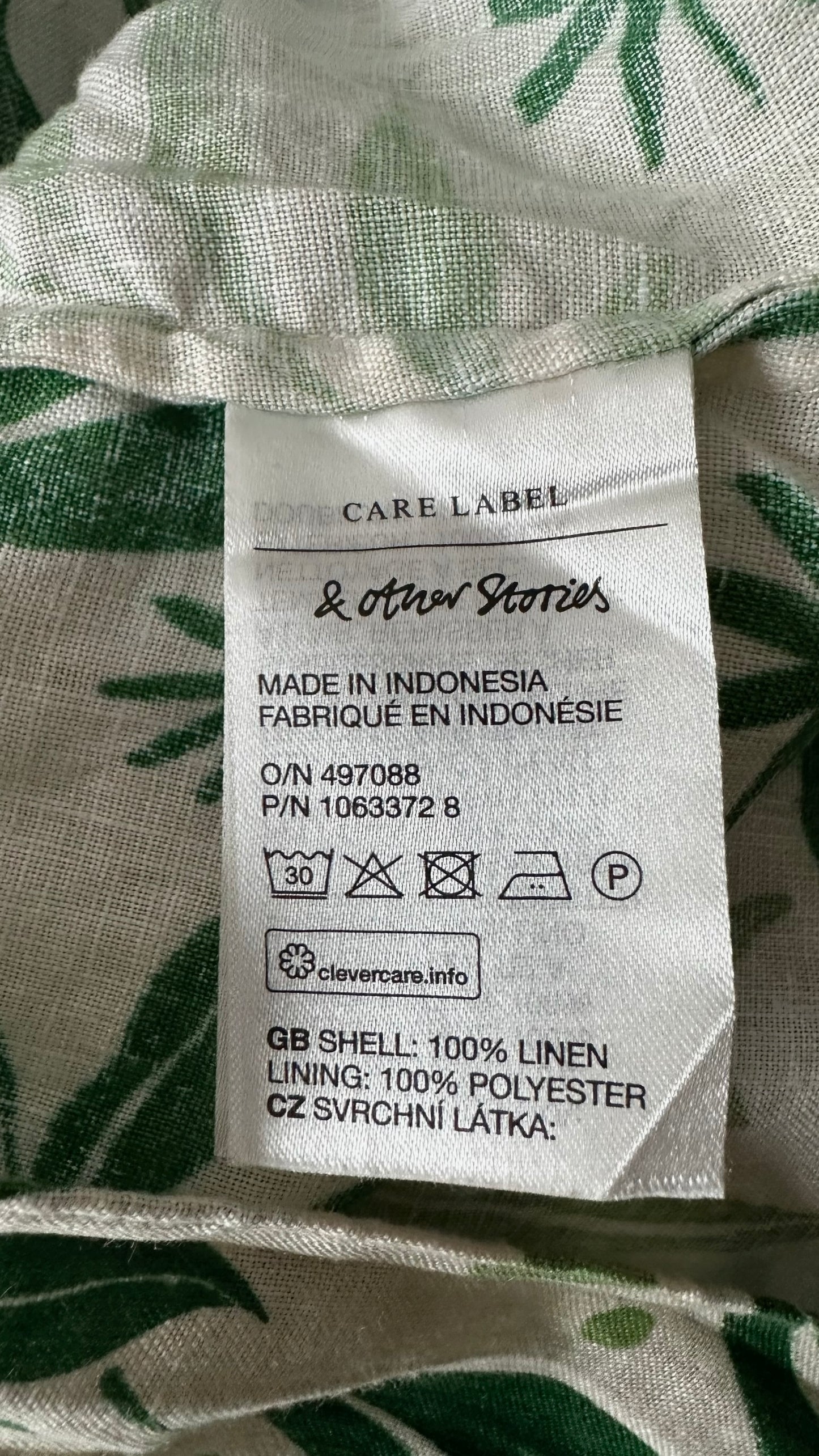 & other stories cream green jungle print wedding guest linen side split dress small medium UK 8 14 vgc