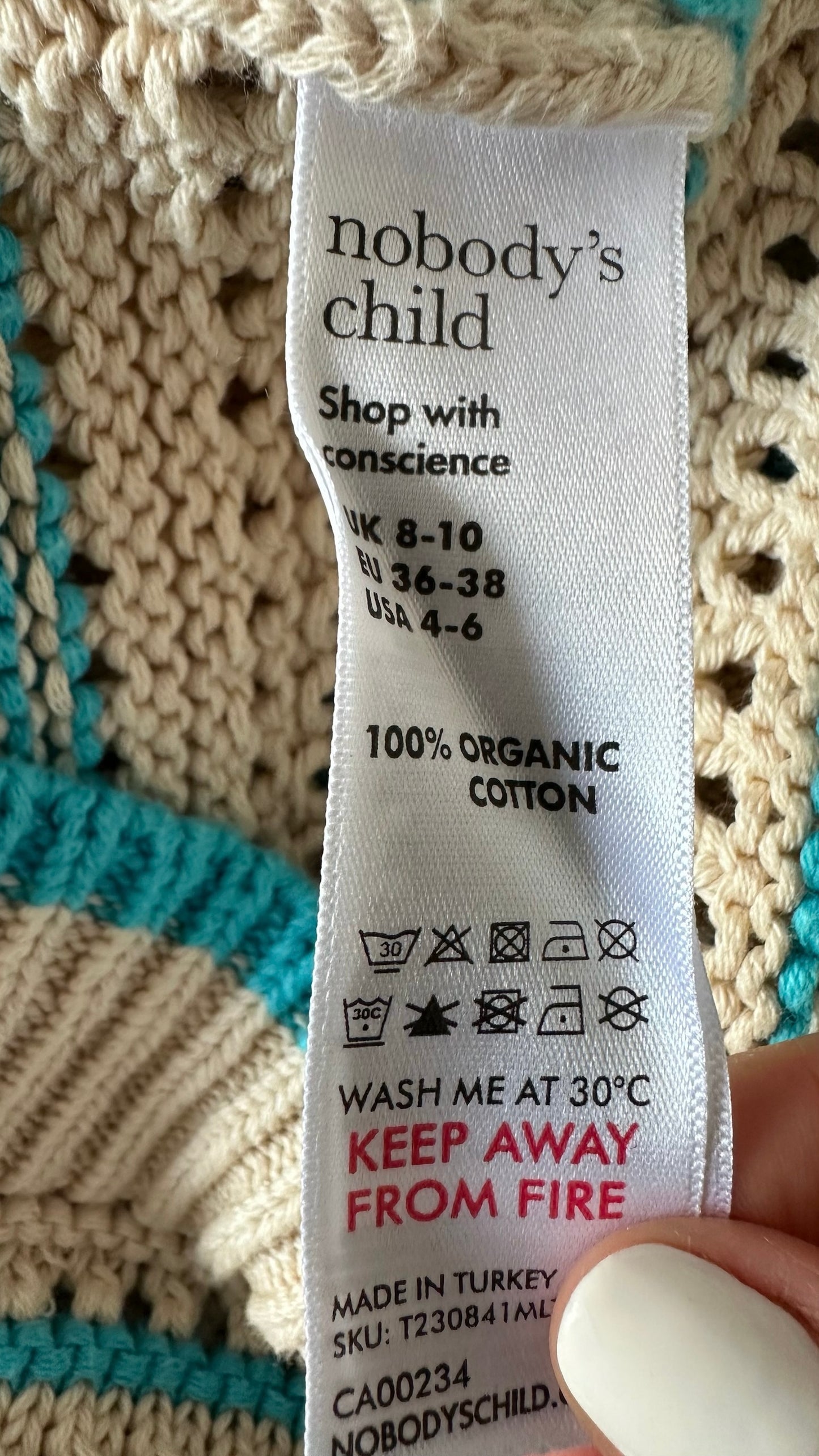 Nobody’s child turquoise cream stripe oversized collar crochet vest top small medium SM 8-10 vgc