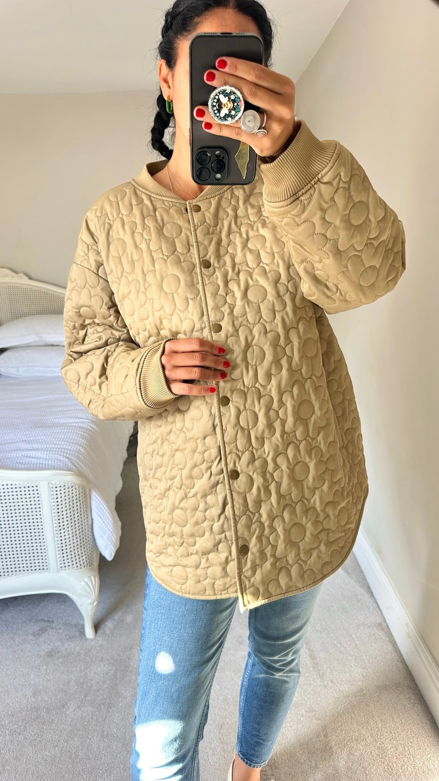 & other stories khaki beige quilted floral coat jacket extra large UK 14 vgc w25