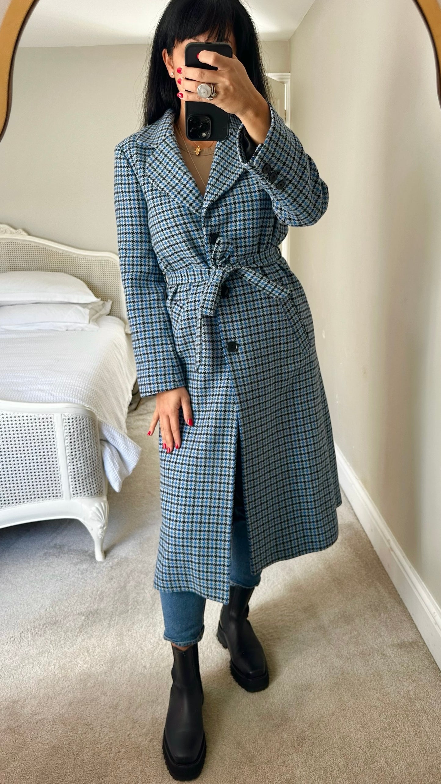 & Other stories light blue gingham check wool blend trench mac style longline coat small S UK 8 excellent used condition