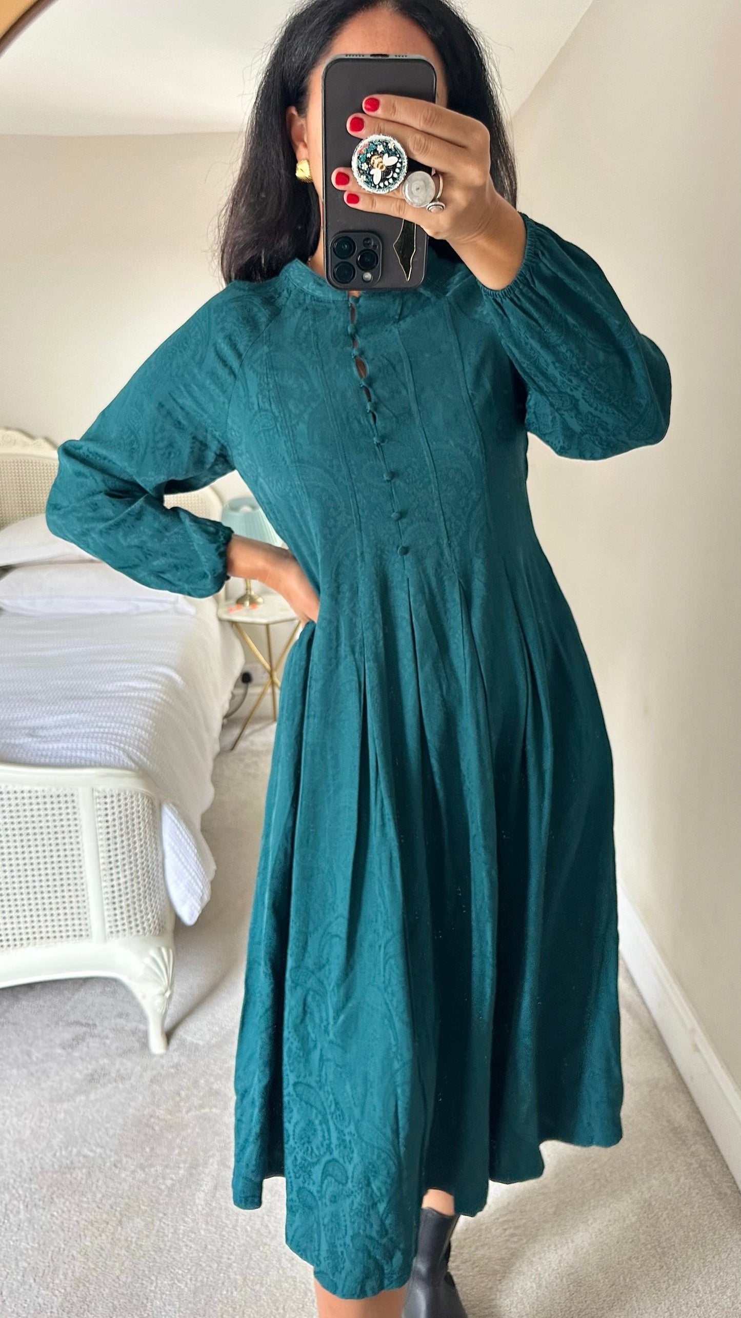 Oliver bonas teal green blue button up midi dress small UK 8-10 vgc w25