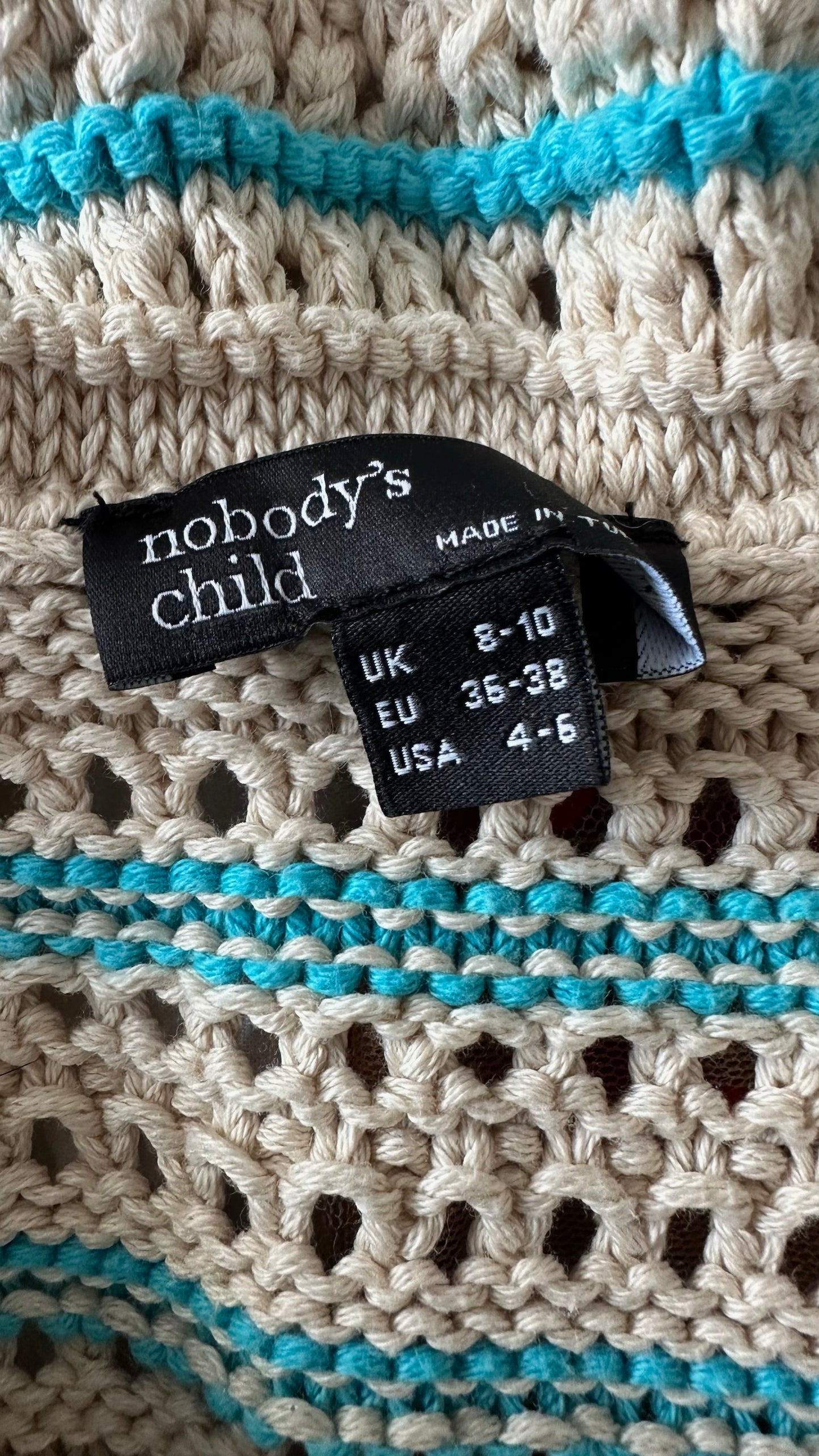 Nobody’s child turquoise cream stripe oversized collar crochet vest top small medium SM 8-10 vgc