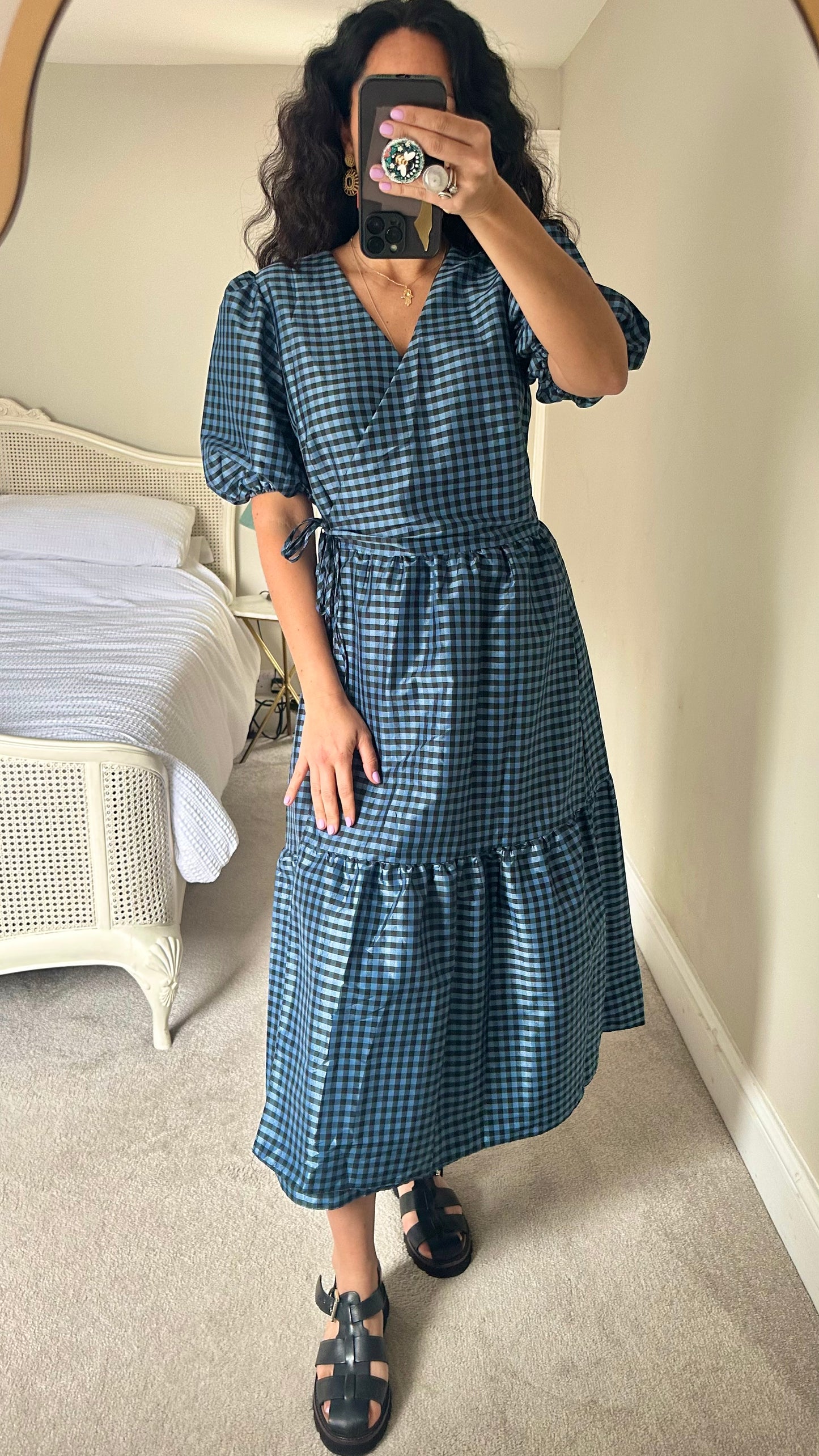 Nobody’s Child blue black gingham check wrap midi maxi dress extra large UK 14 vgc