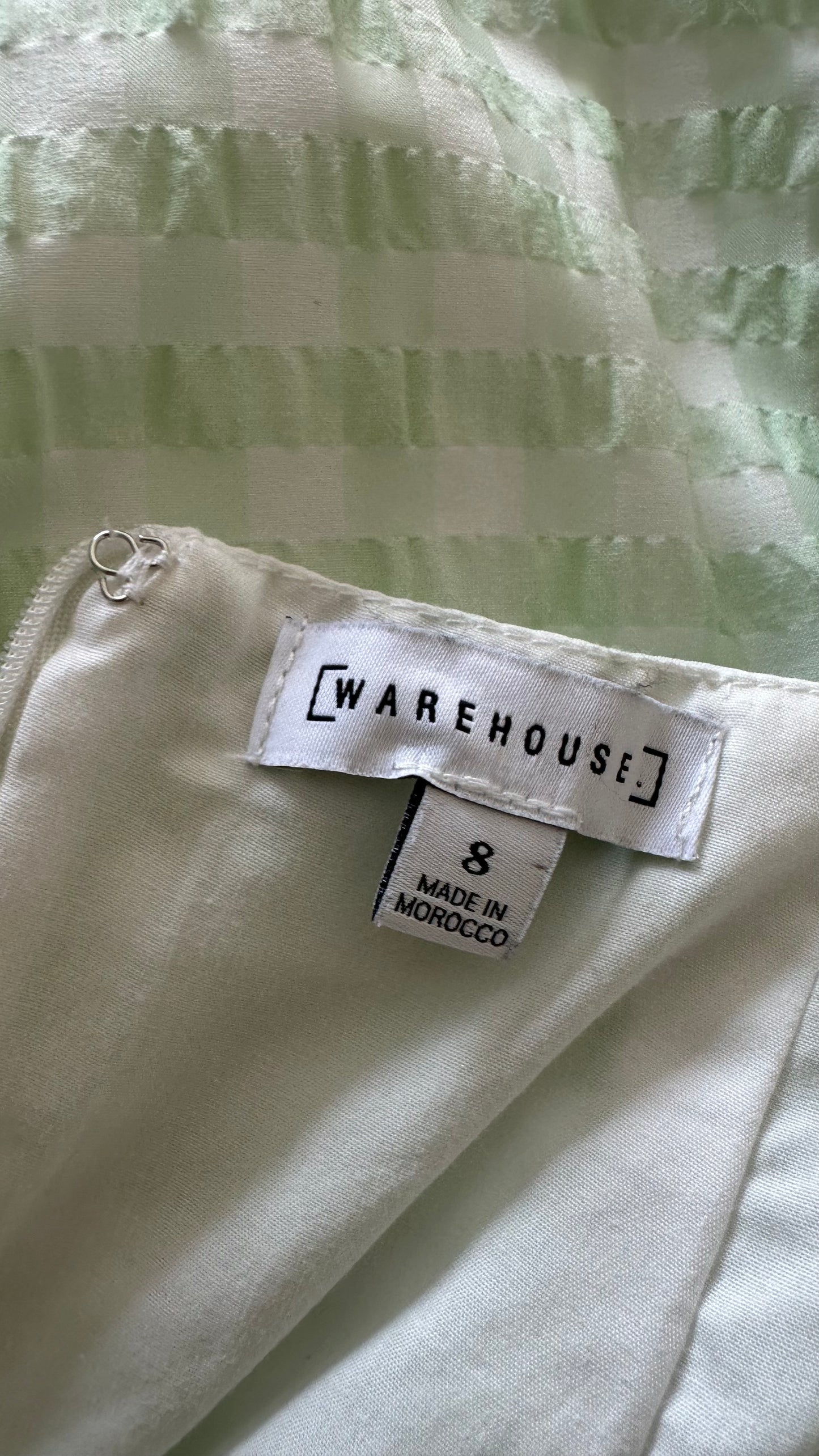 Warehouse light green white gingham check long maxi wedding guest holiday dress small UK 8 vgc