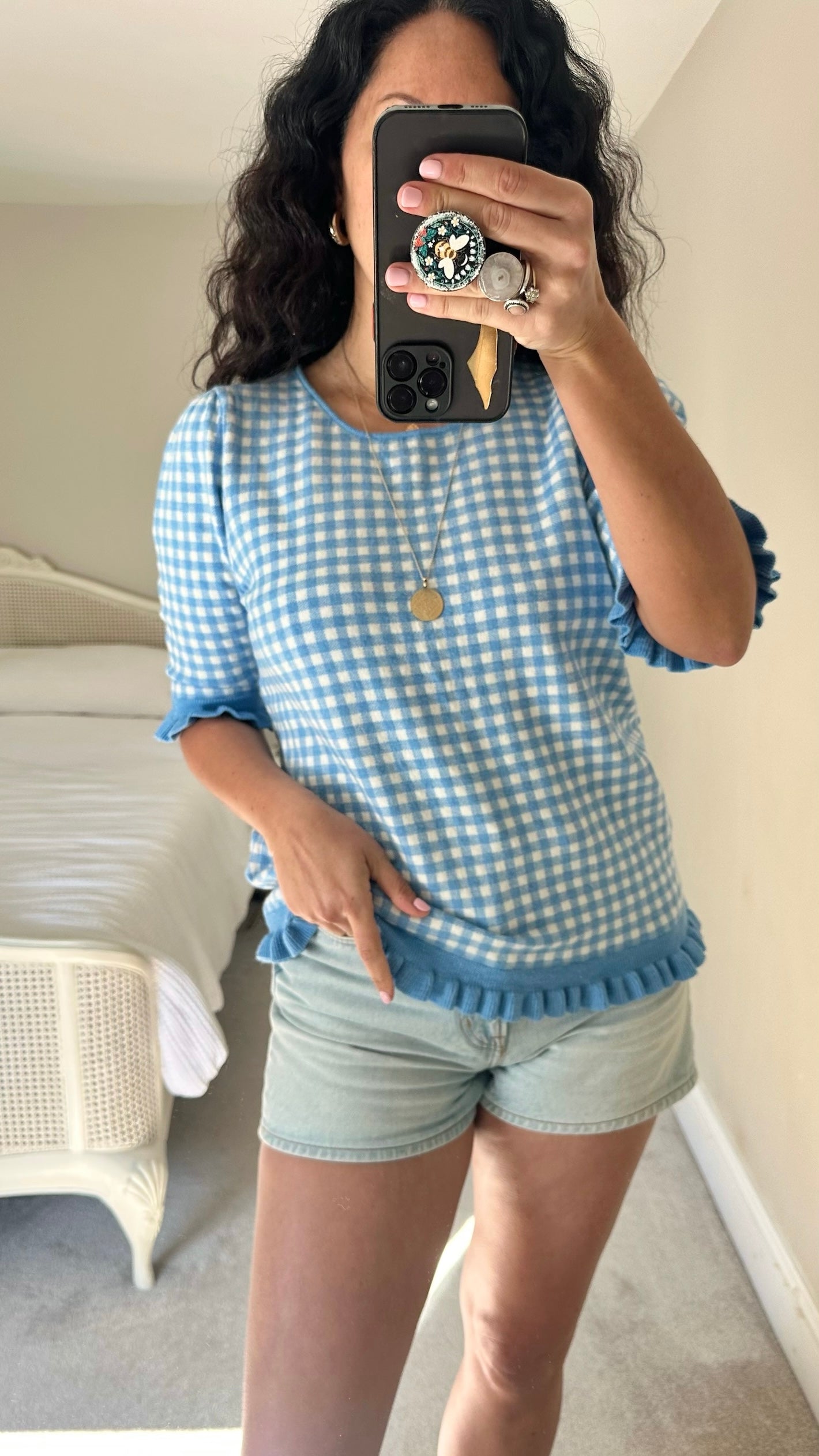 La Radoute blue white gingham short sleeve top medium M UK 12