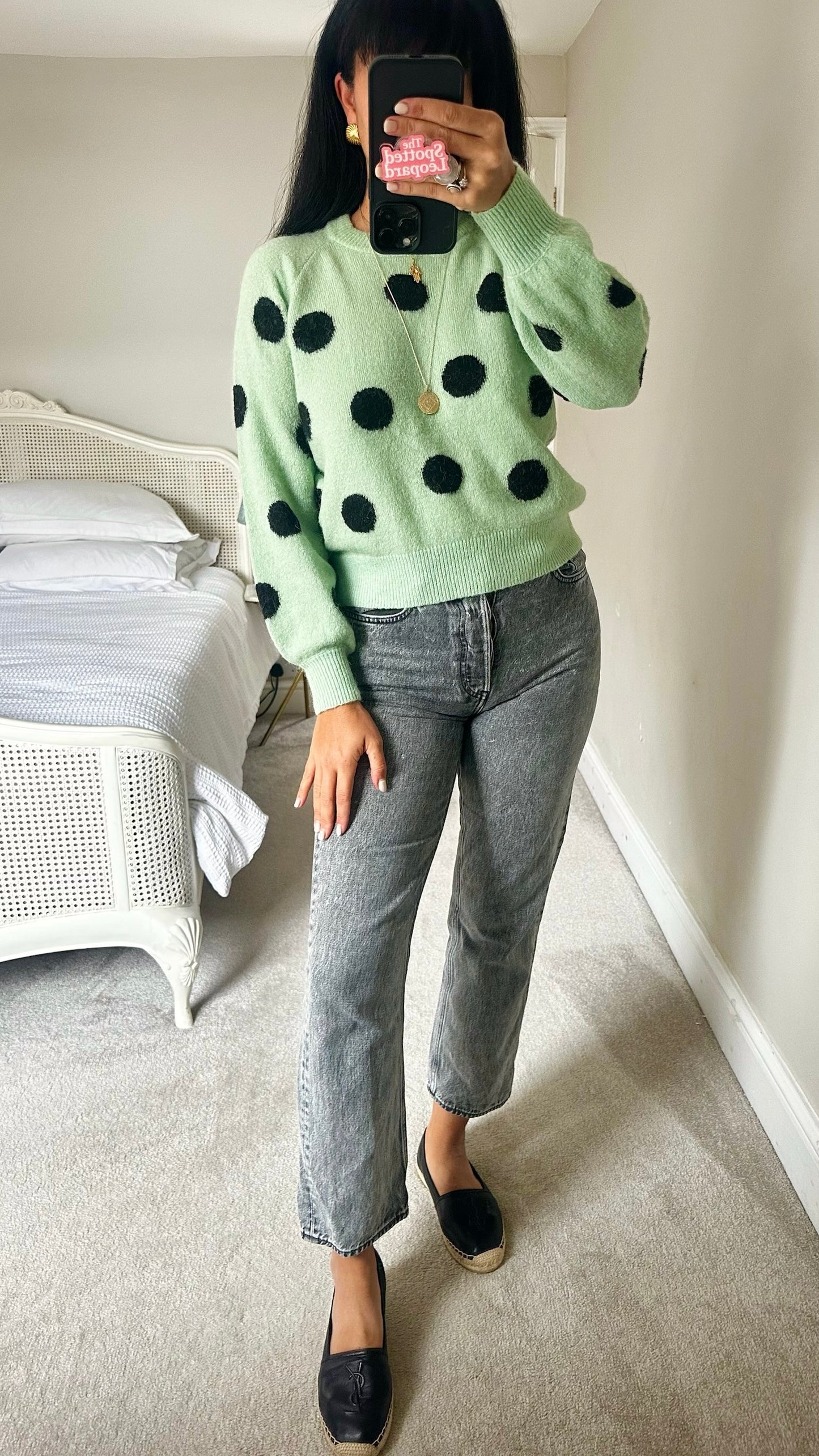 Numph pistachio green polka dot knitted alpaca wool blend jumper small UK 8-10 vgc