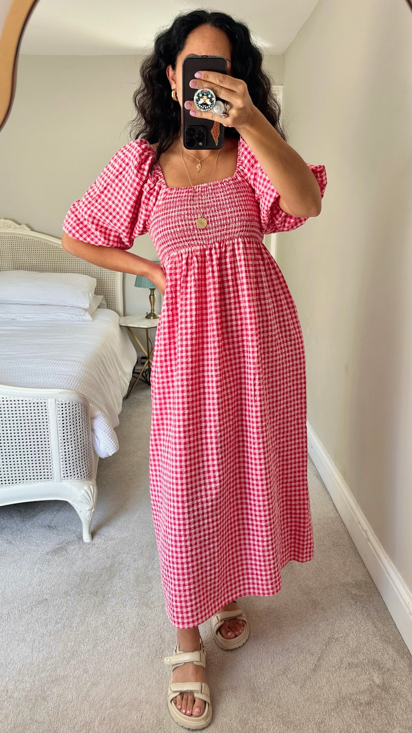 Nobody’s child pink gingham puff-sleeved midi long dress medium UK 10-12