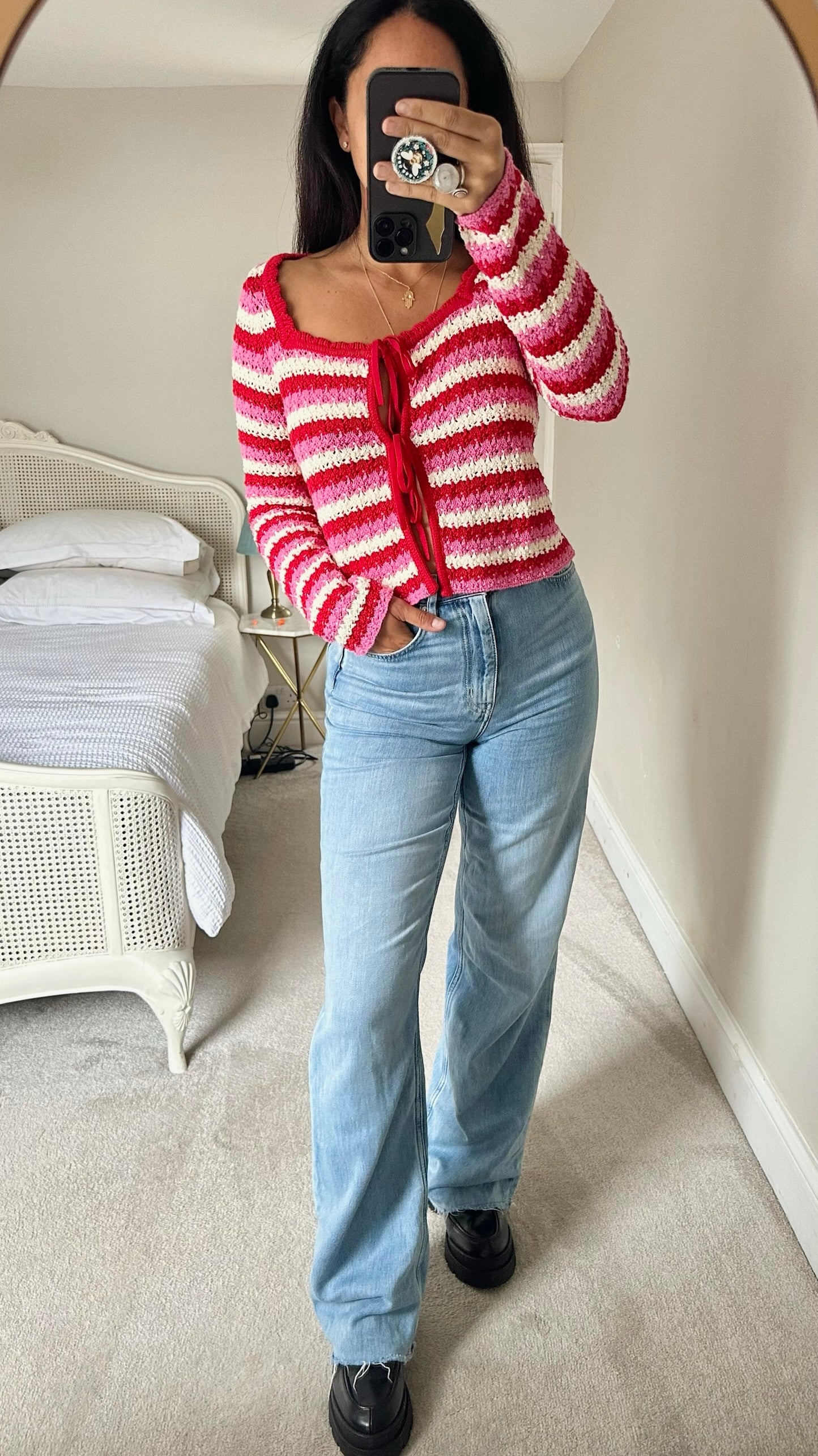 Kitri red pink cream crochet knit cardigan jumper as new condition W25