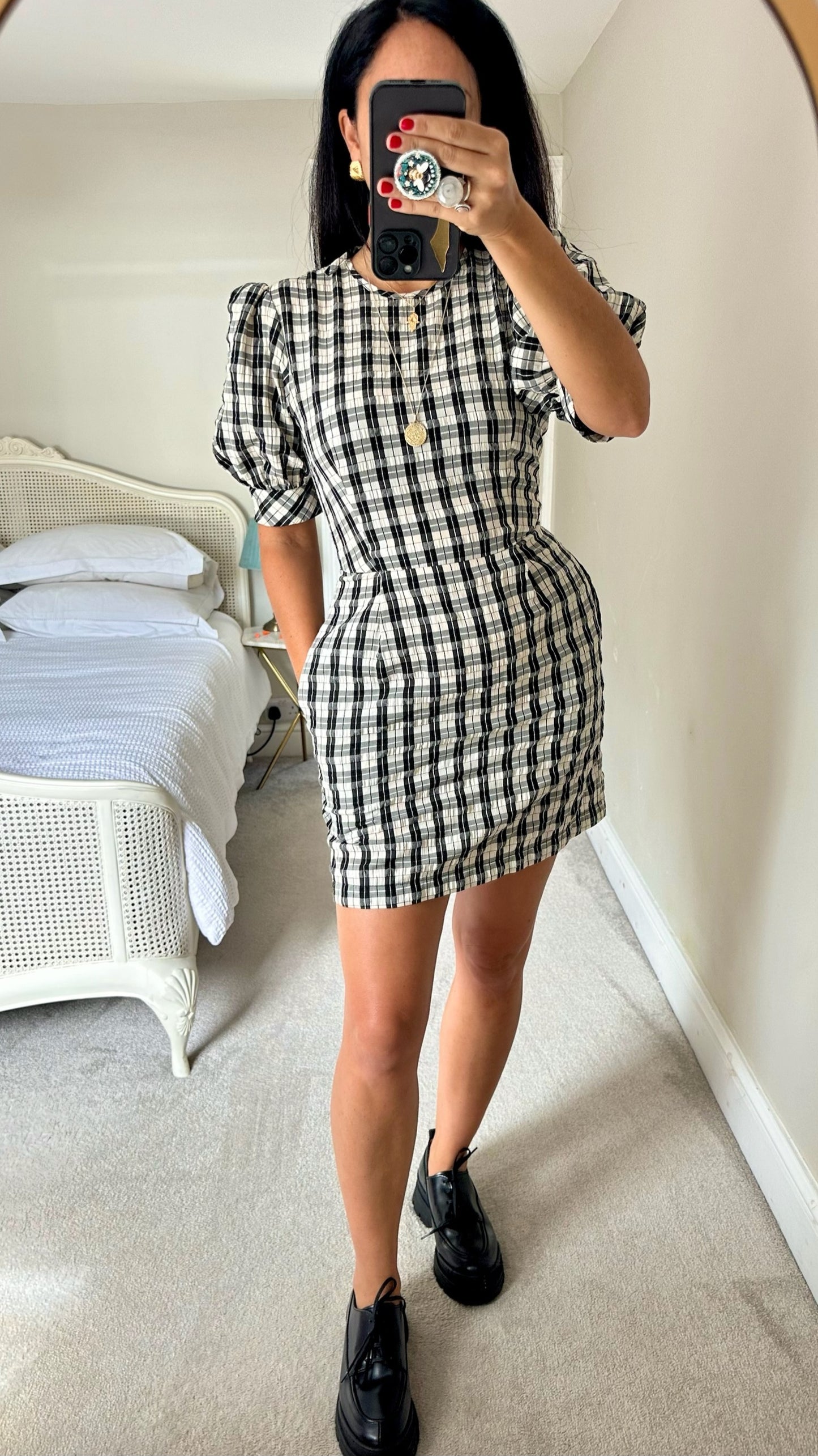 Nobody's child black beige cream check gingham mini dress small UK 8 vgc w25