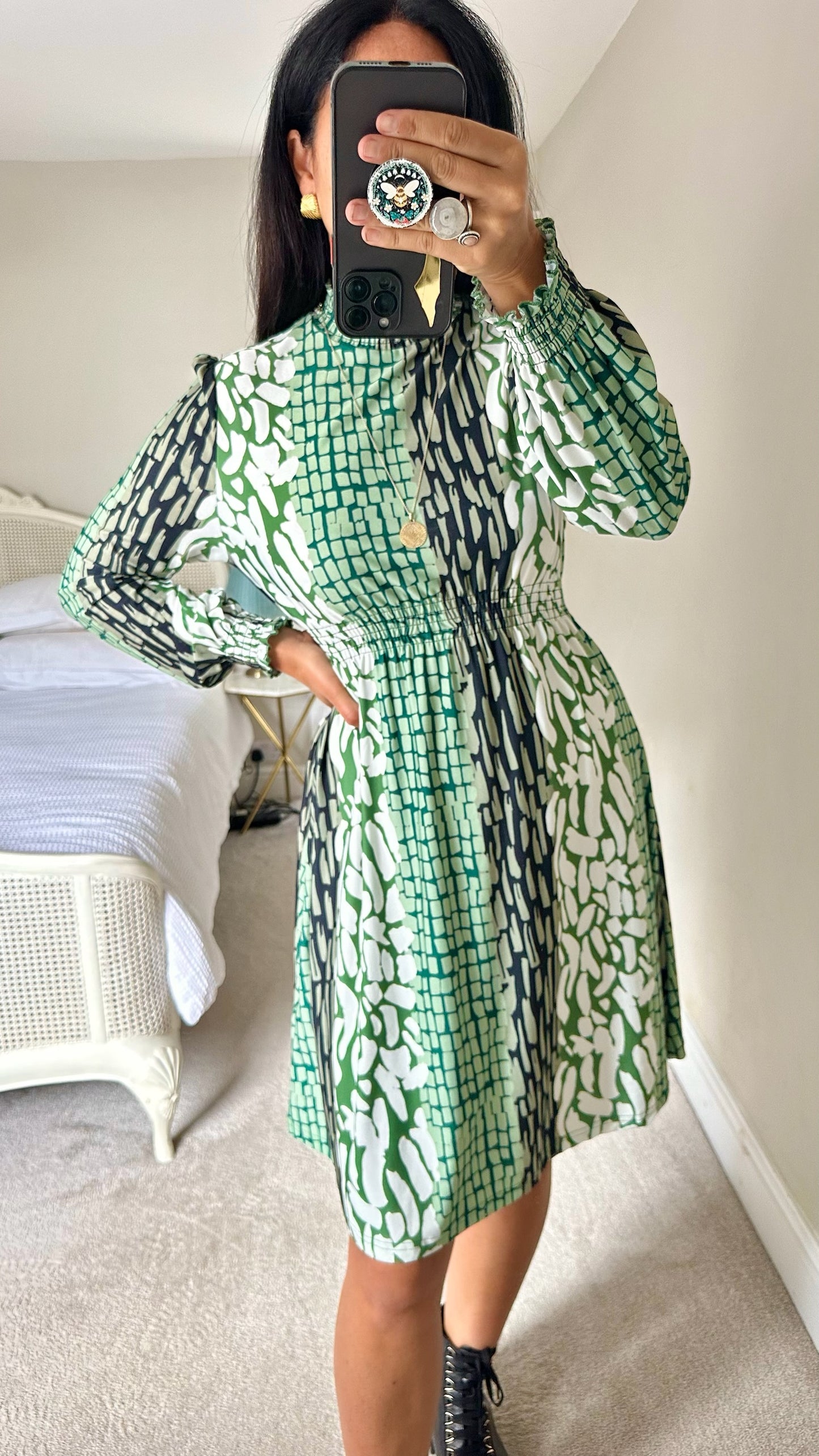 Warehouse green white blue abstract midi dress large UK 12 vgc w25