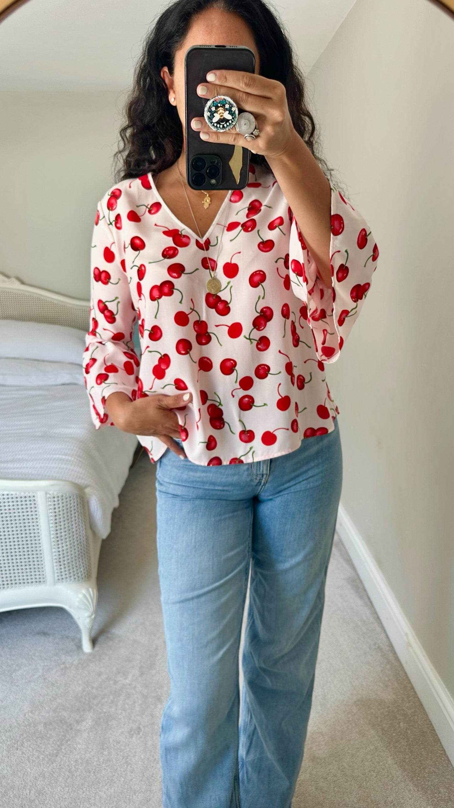 Essentiel Antwerp pink red cherry print fruit top small UK 8 vgc