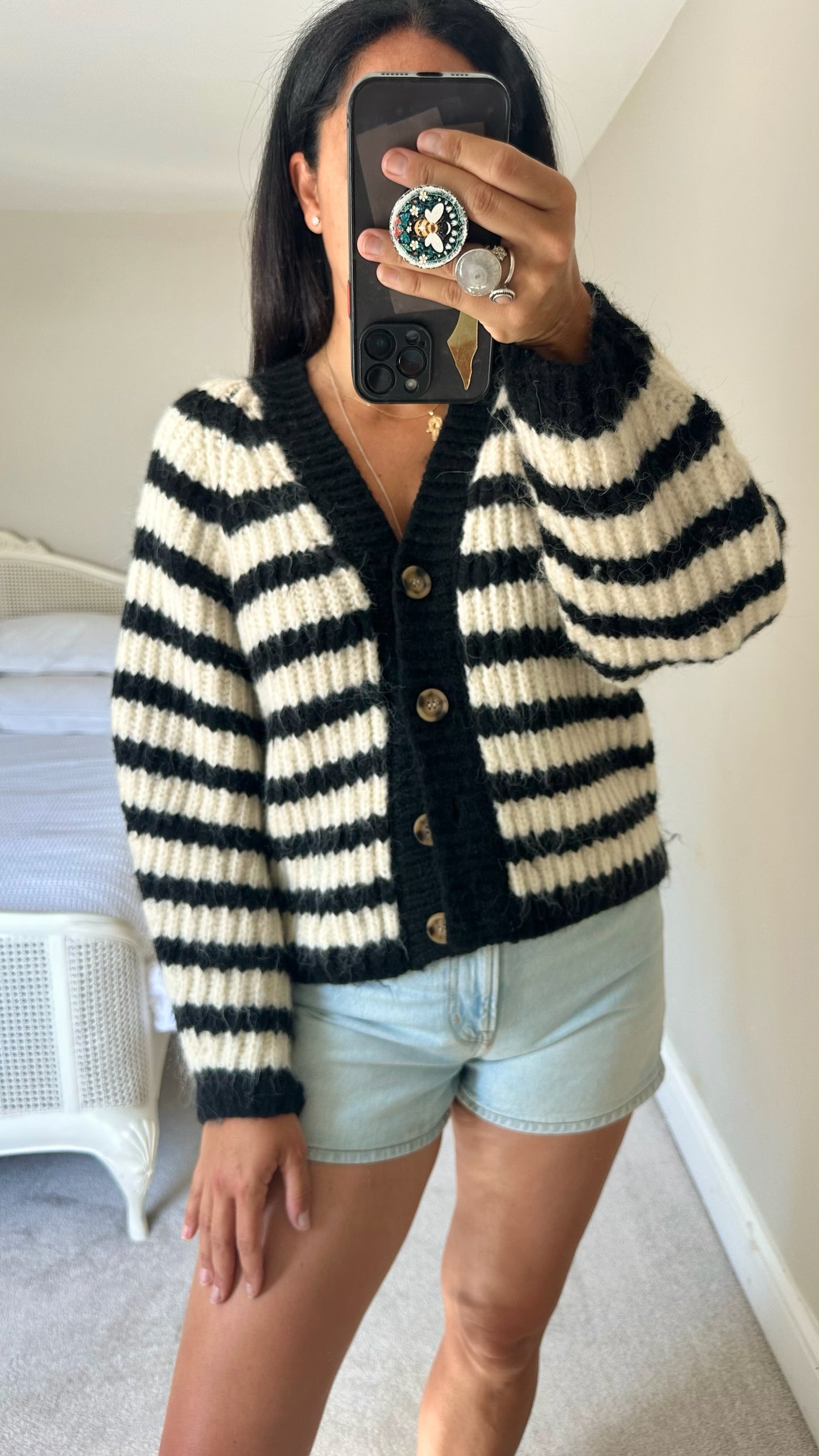 Zara cream black knitted jumper cardigan stripe wool blend small UK 8-10 vgc w25