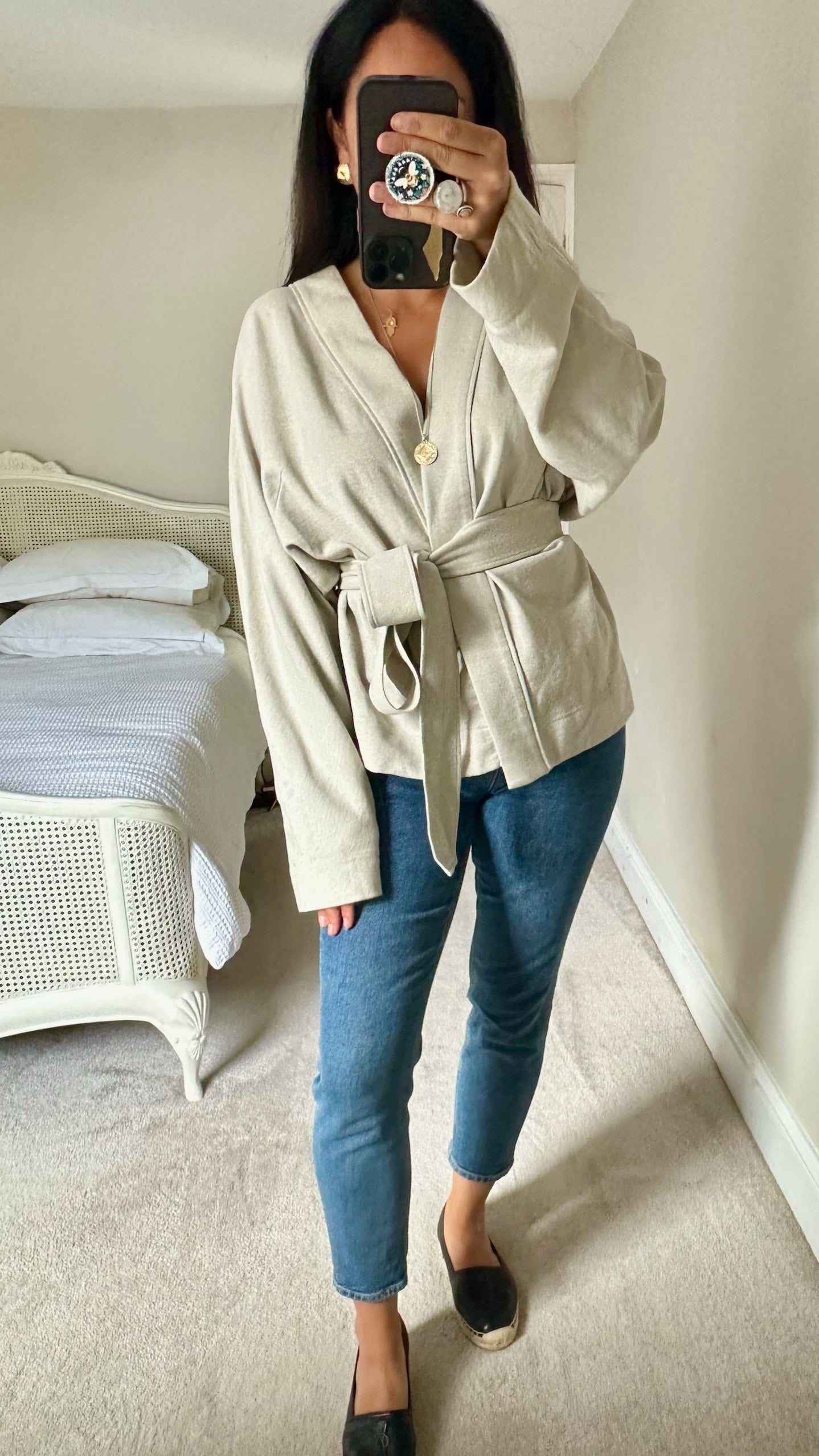 COS cream stone linen blend wraparound kimono cardigan large UK 12 vgc w25