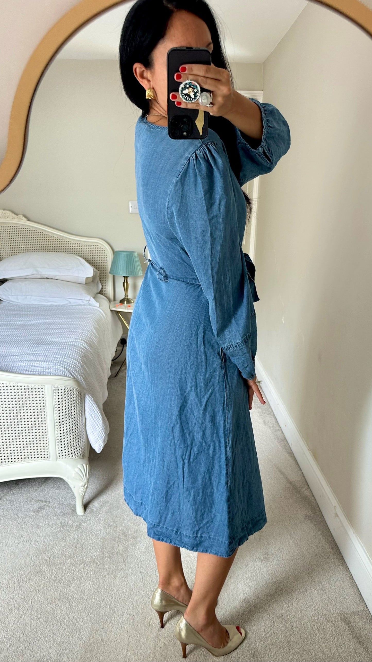 Oliver bonas zip front denim blue midi dress large UK 12 vgc w25