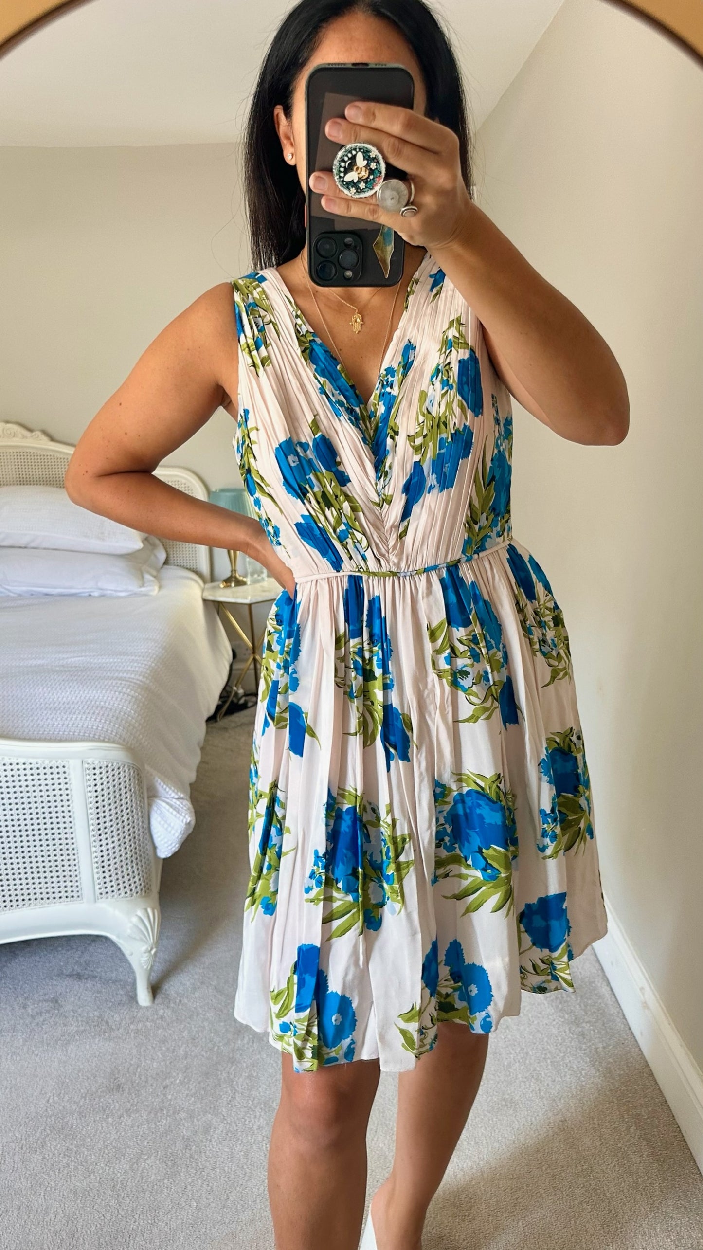 Boden cream blue wedding guest dress large UK 14 vgc