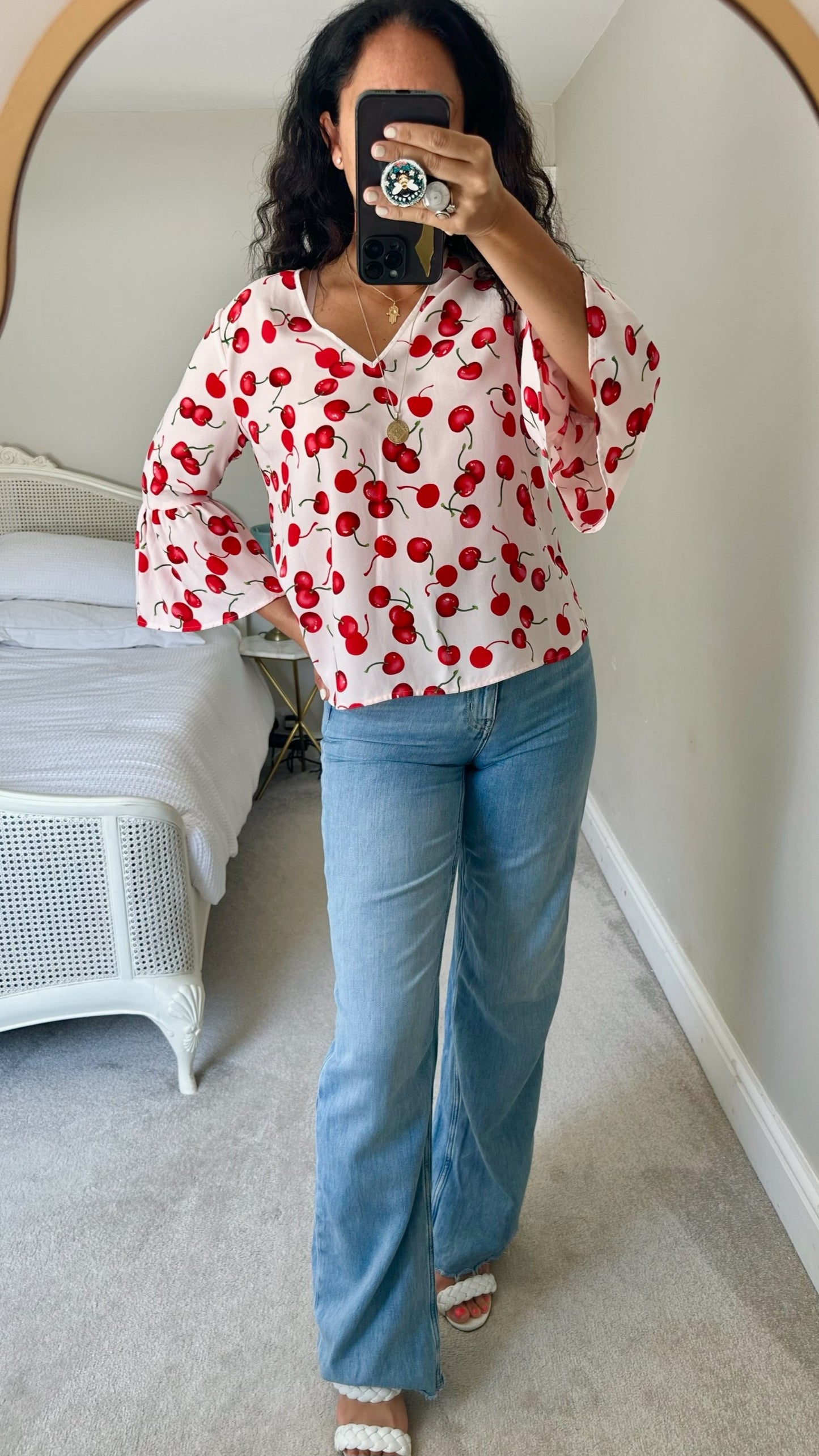Essentiel Antwerp pink red cherry print fruit top small UK 8 vgc