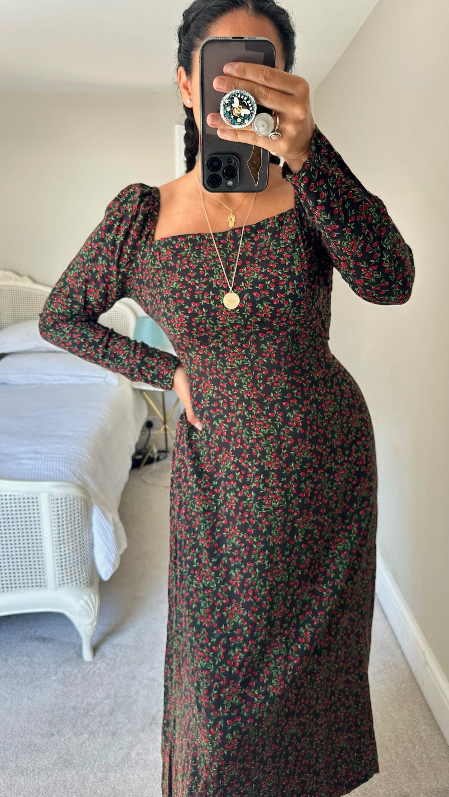 Nobody's child black red green cherry print midi dress extra large UK 12 14 vgc w25