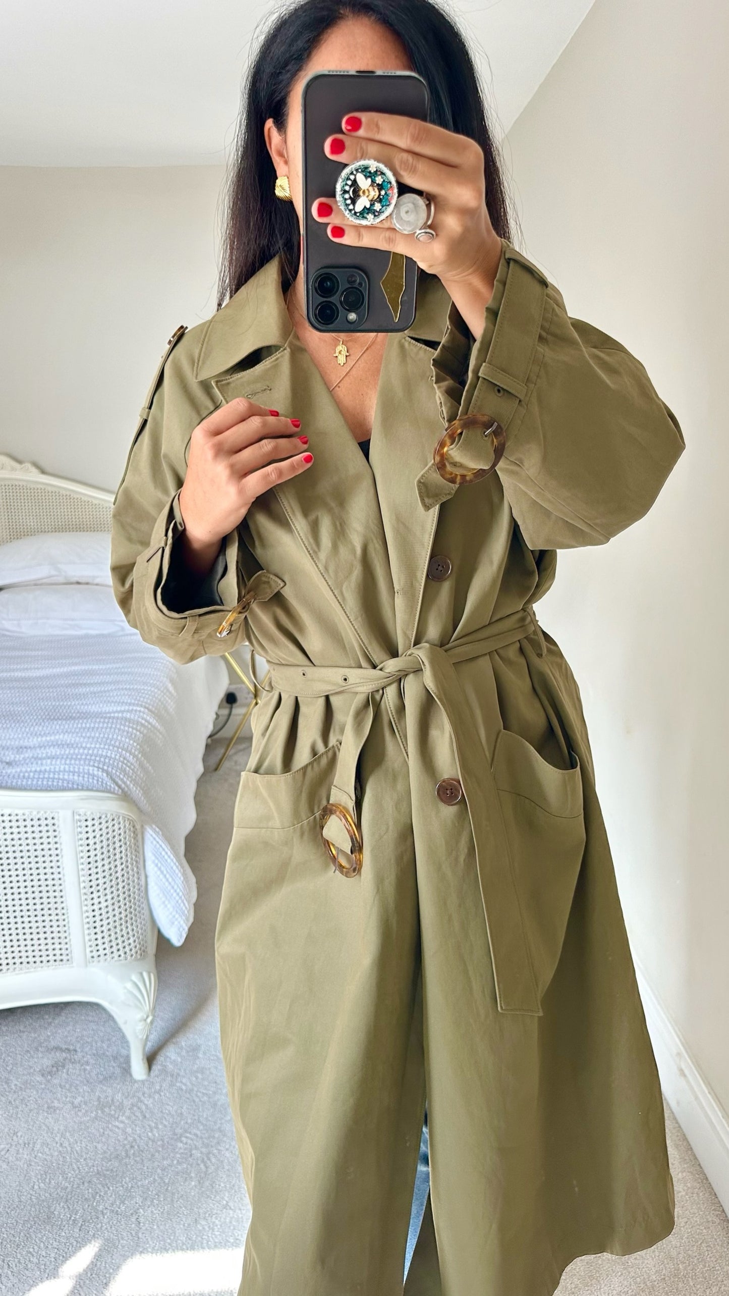 Whistles khaki green trench coat mac jacket large UK 12 vgc w25