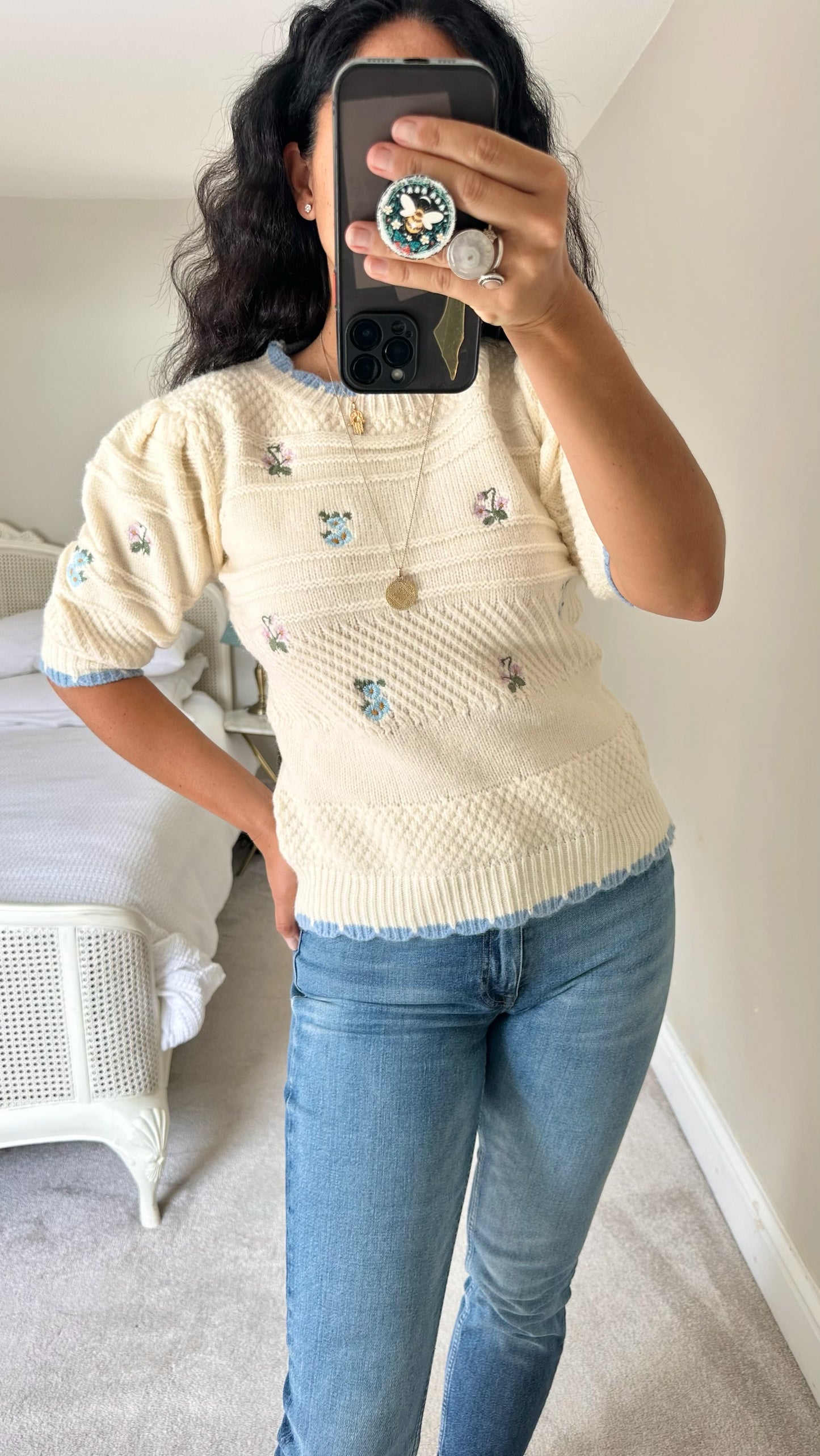 FRNCH cream blue vintage look knitted jumper medium UK 10 bnwt w25