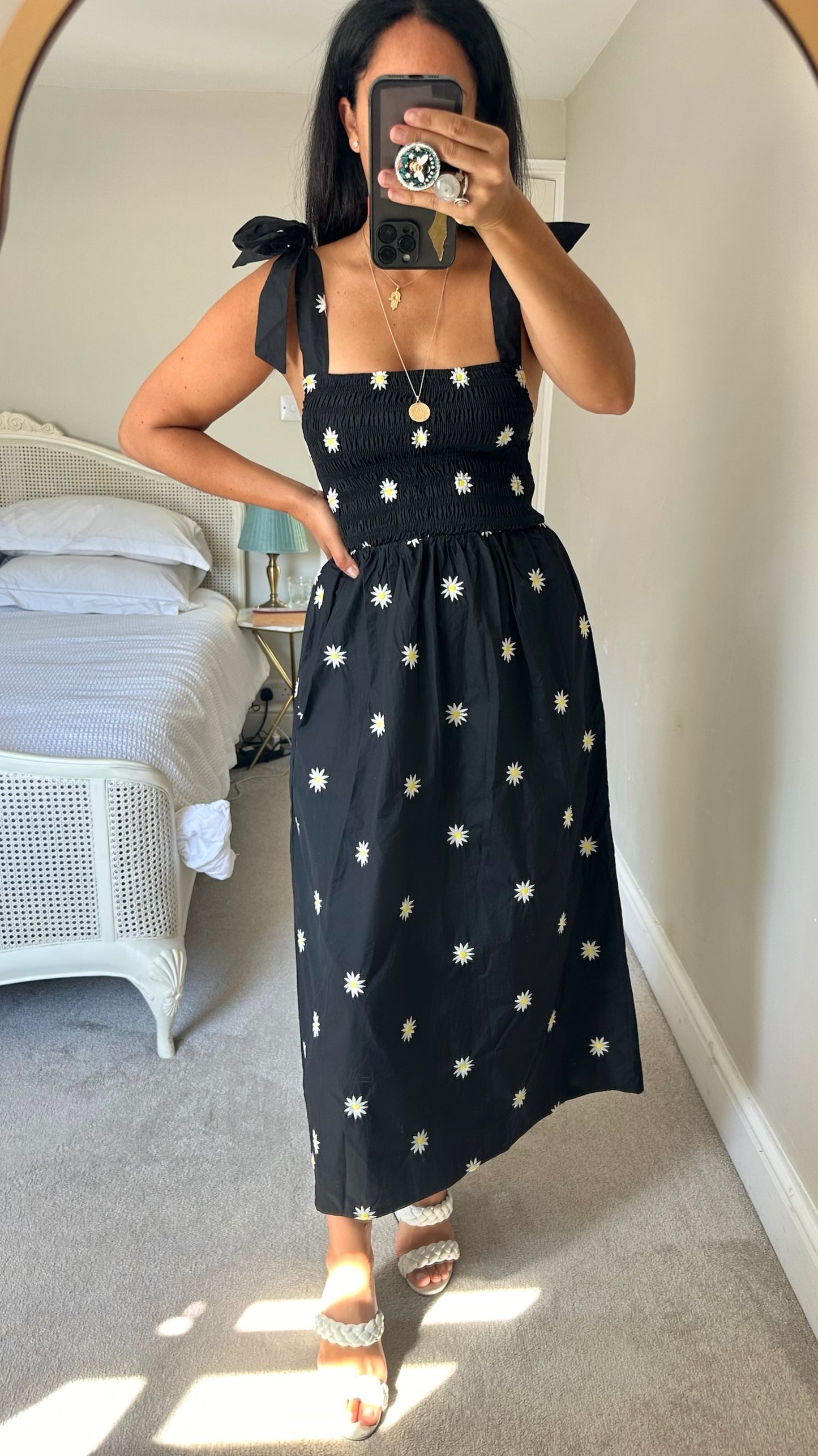 Never fully dressed black white daisy print shirt bust holiday maxi midi dress medium UK 10 new w25