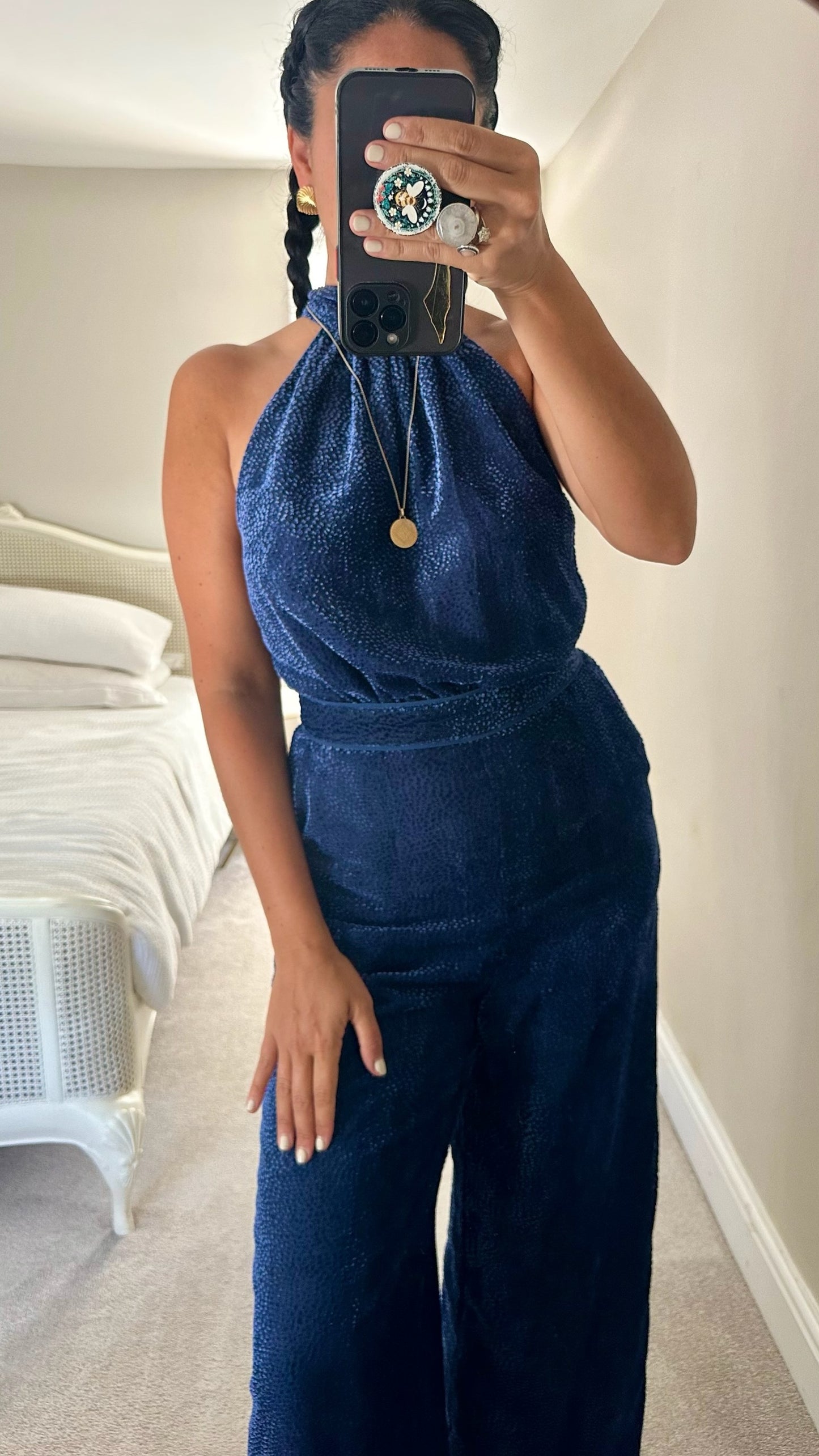 Elevenses royal velvet blue polka dot halter neck backless event jumpsuit medium UK 10 vgc