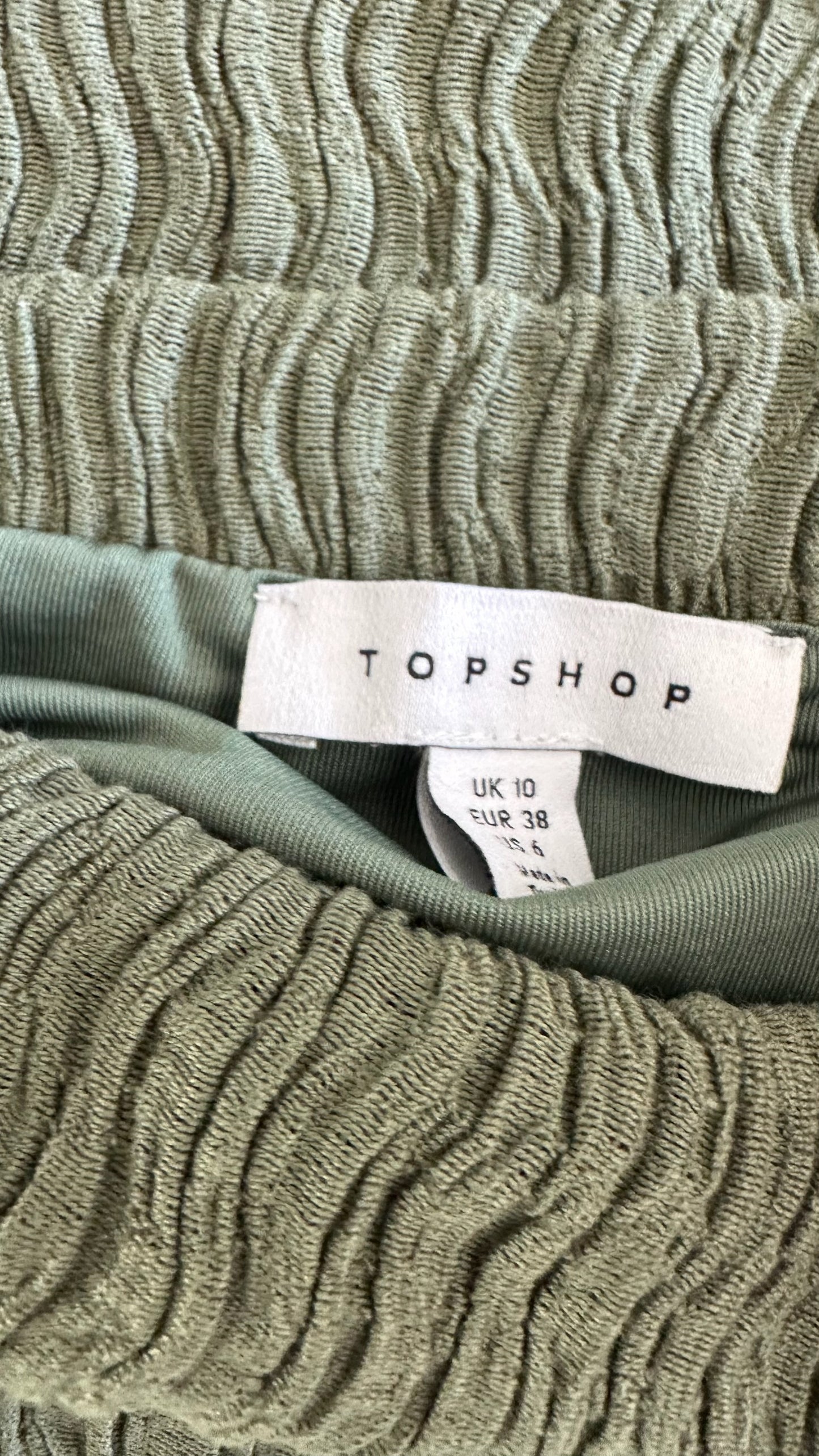 Topshop khaki olive green crinkle midi maxi long skirt medium UK 10 vgc w25