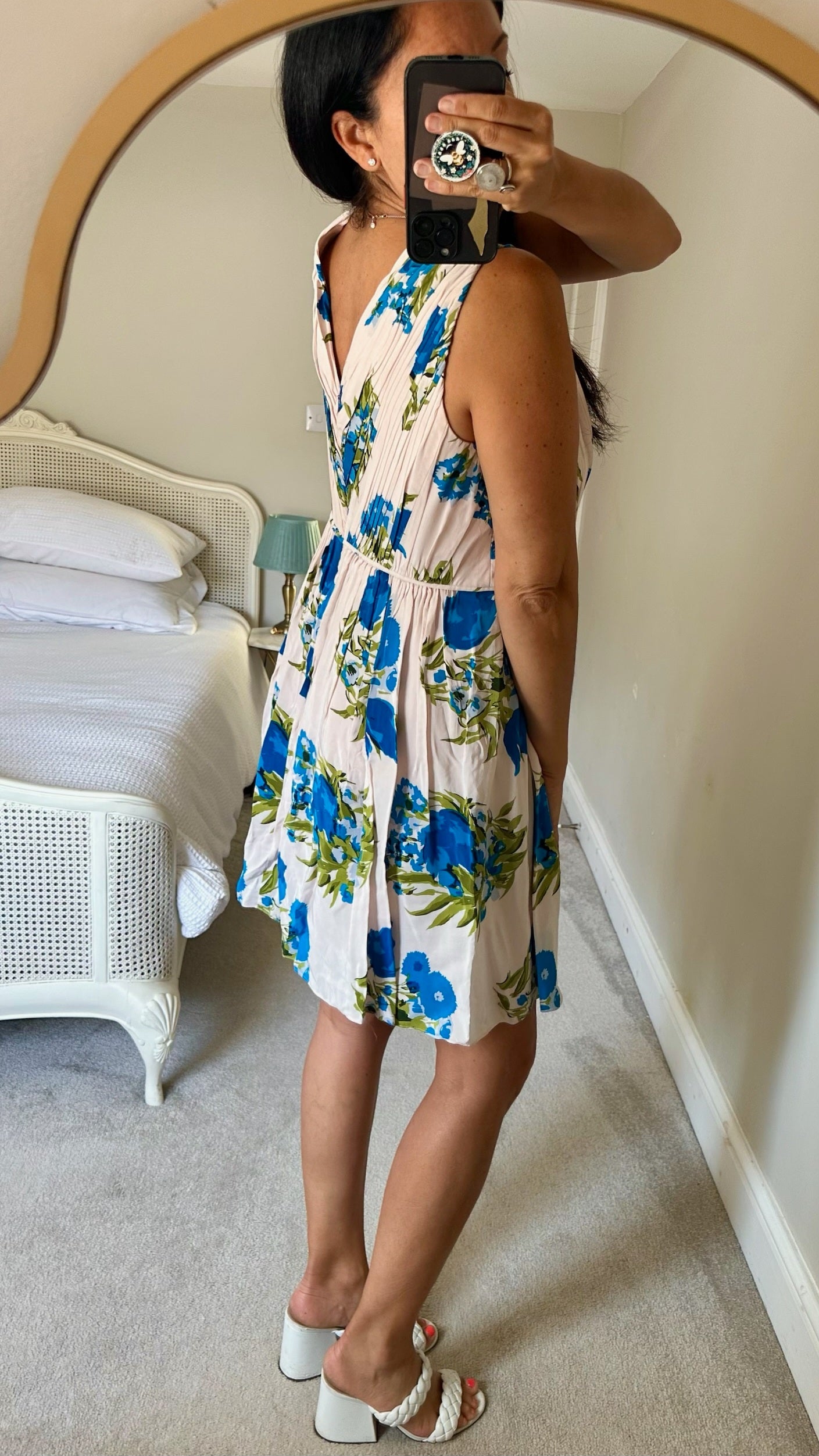 Boden cream blue wedding guest dress large UK 14 vgc