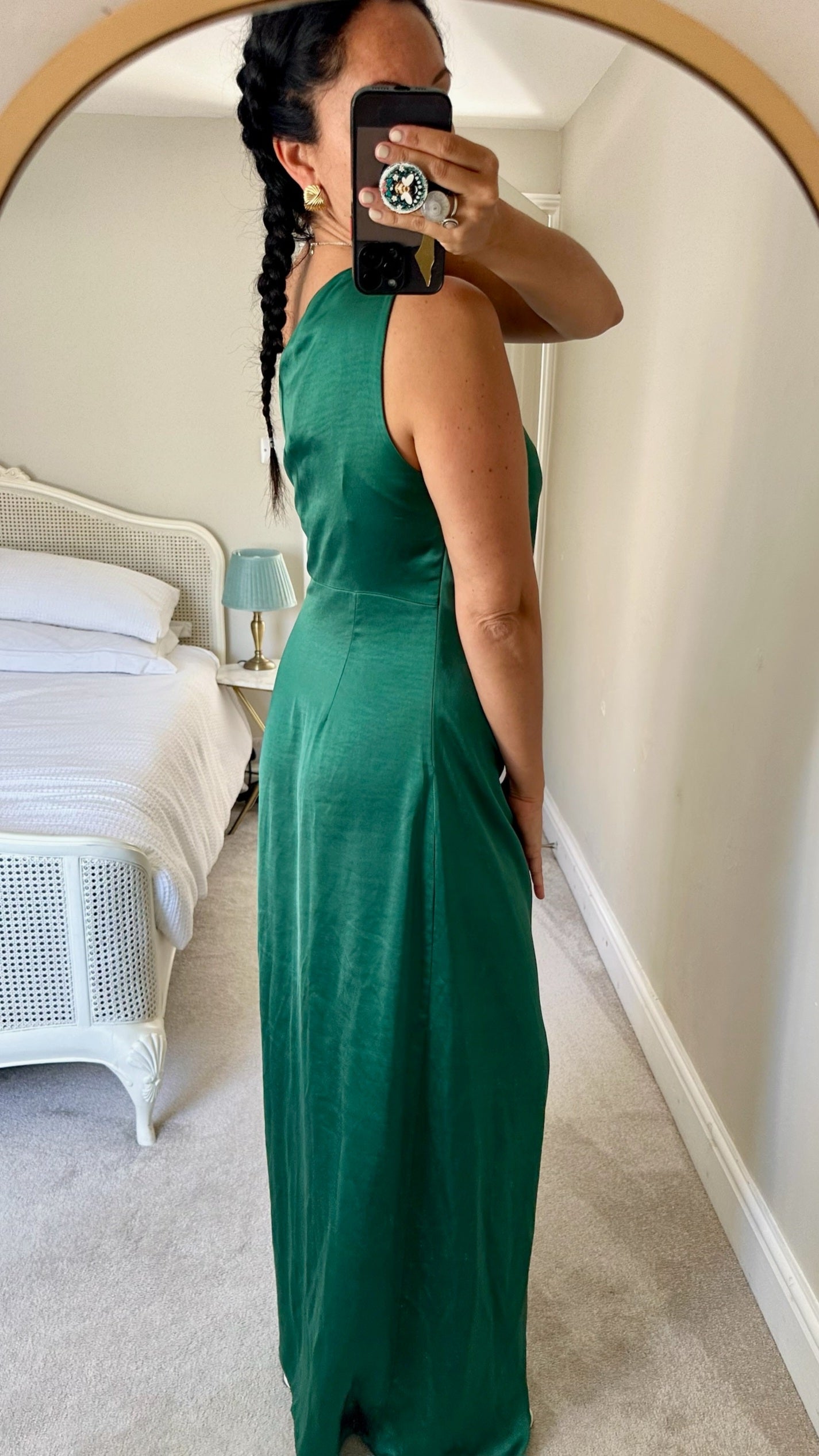 Pretty lavish deep green one shoulder ruched maxi dress large UK 14 vgc