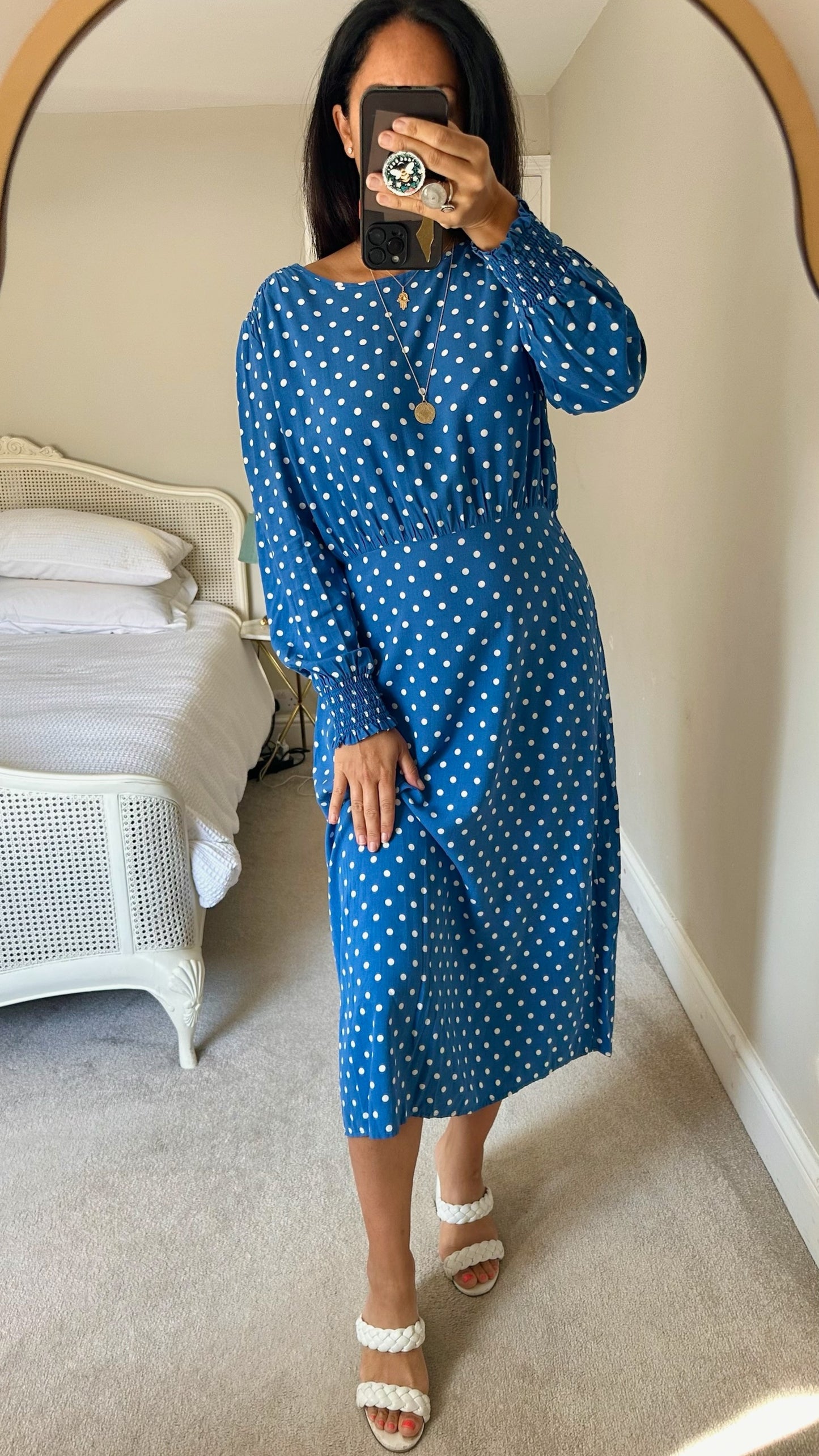 Albaray bright blue white polka dot midi dress extra large UK 14 vgc w25